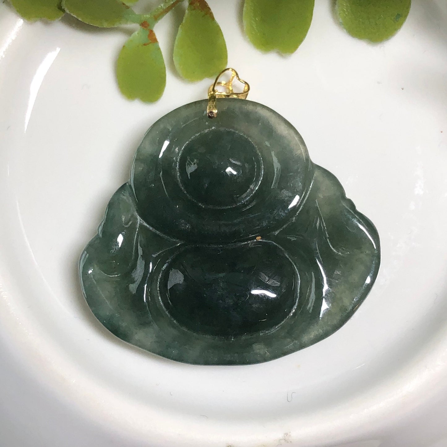 SALE: 31.5mm Grade A Jadeite Jade Carved Icy Happy Buddha Pendant 18K Gold Bail