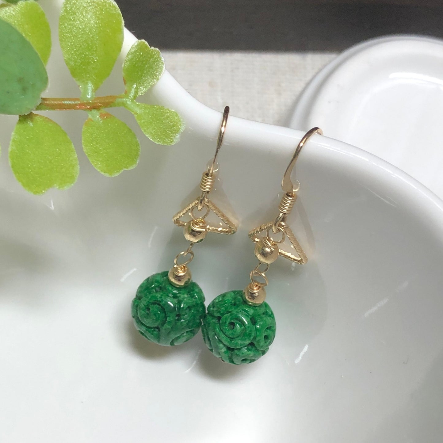 SALE: 14K Grade A Jadeite Earthy Carved Green Spherical Ball Dangling Earrings