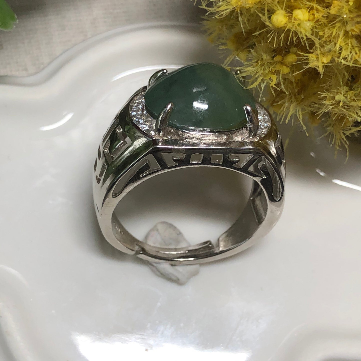 925S Certified Grade A Jadeite Jade Icy Green Round Cabochon Ring set on Sterling Silver