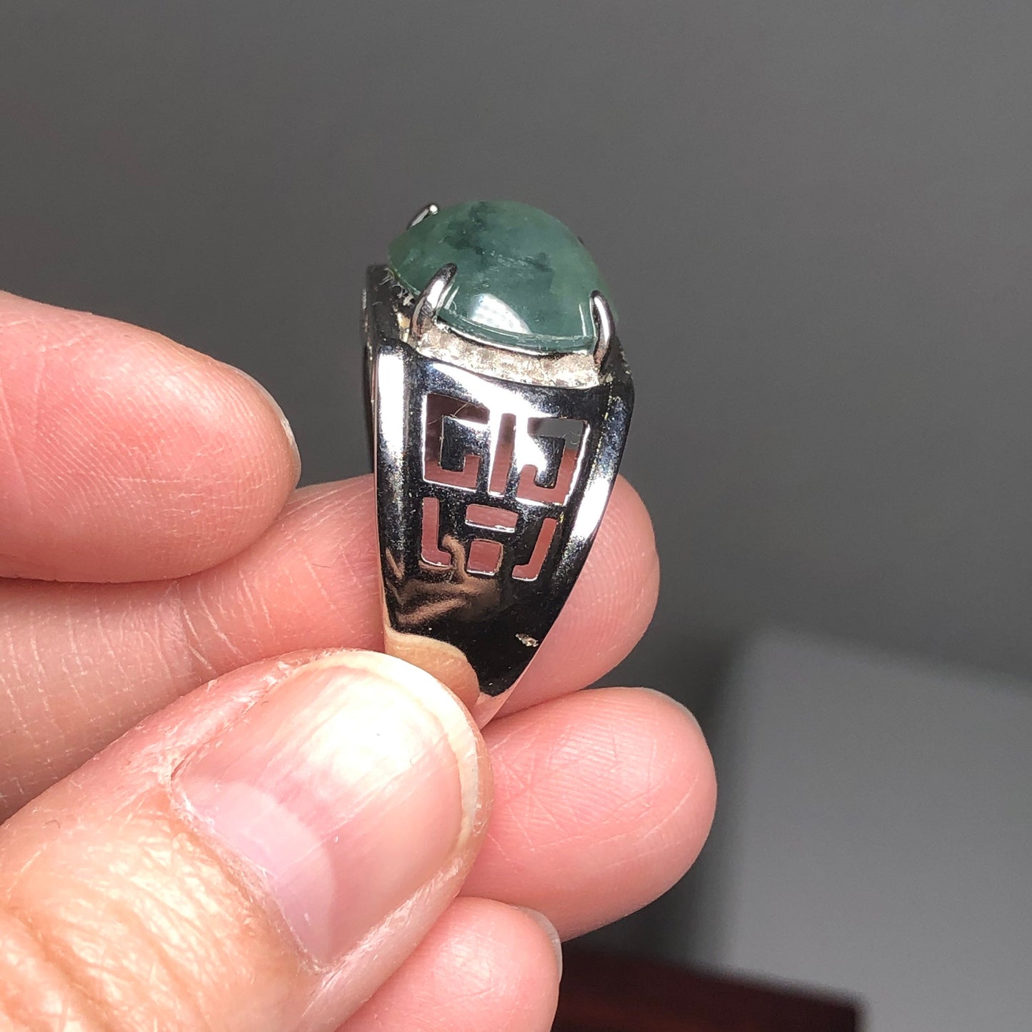 925S Certified Grade A Jadeite Jade Icy Green Round Cabochon Ring set on Sterling Silver