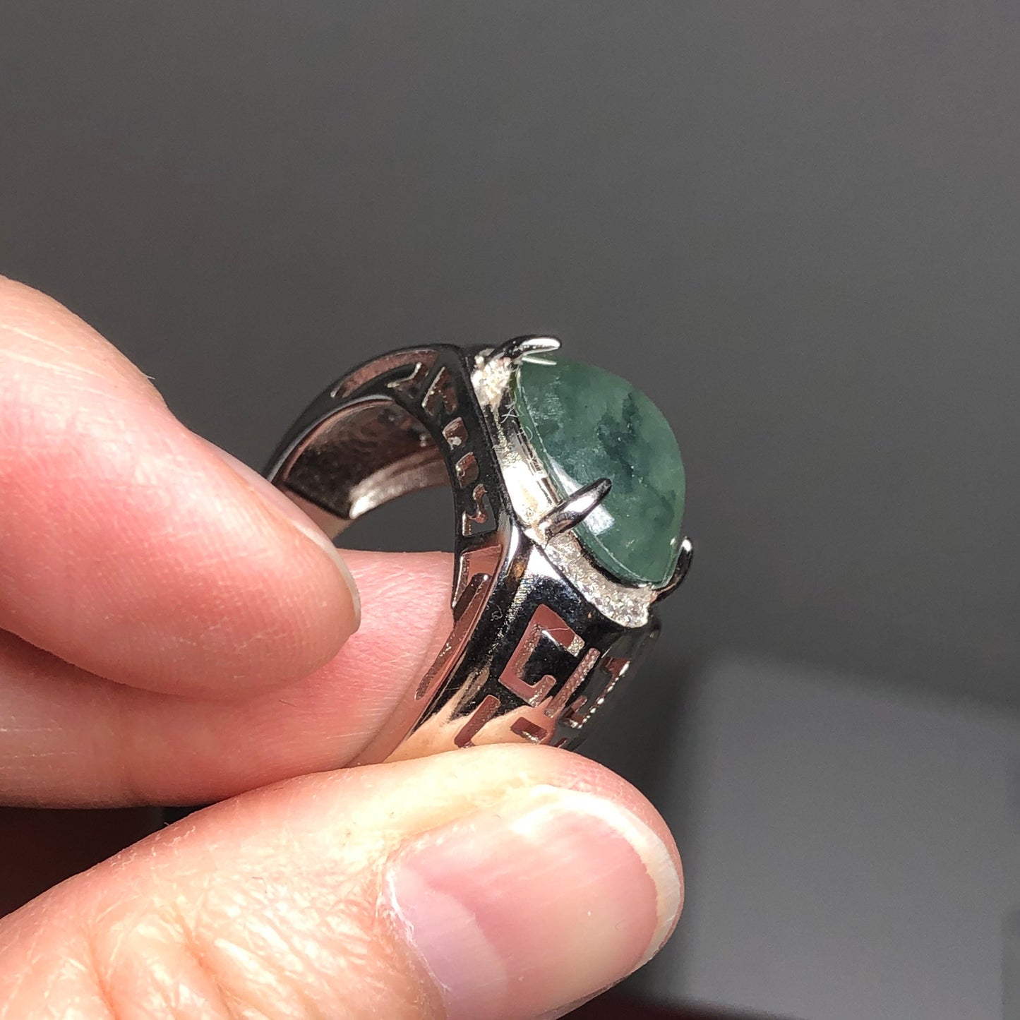925S Certified Grade A Jadeite Jade Icy Green Round Cabochon Ring set on Sterling Silver