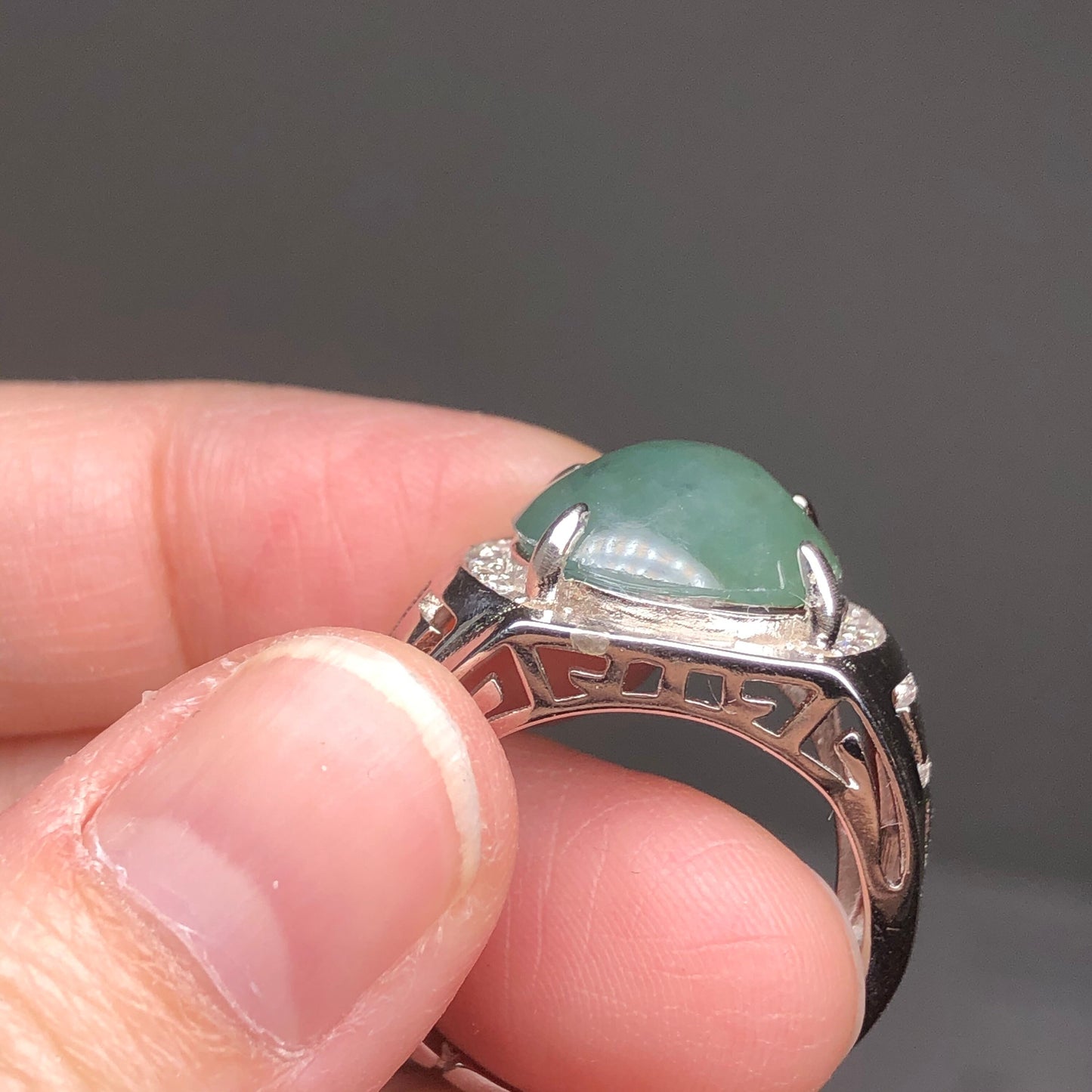 925S Certified Grade A Jadeite Jade Icy Green Round Cabochon Ring set on Sterling Silver