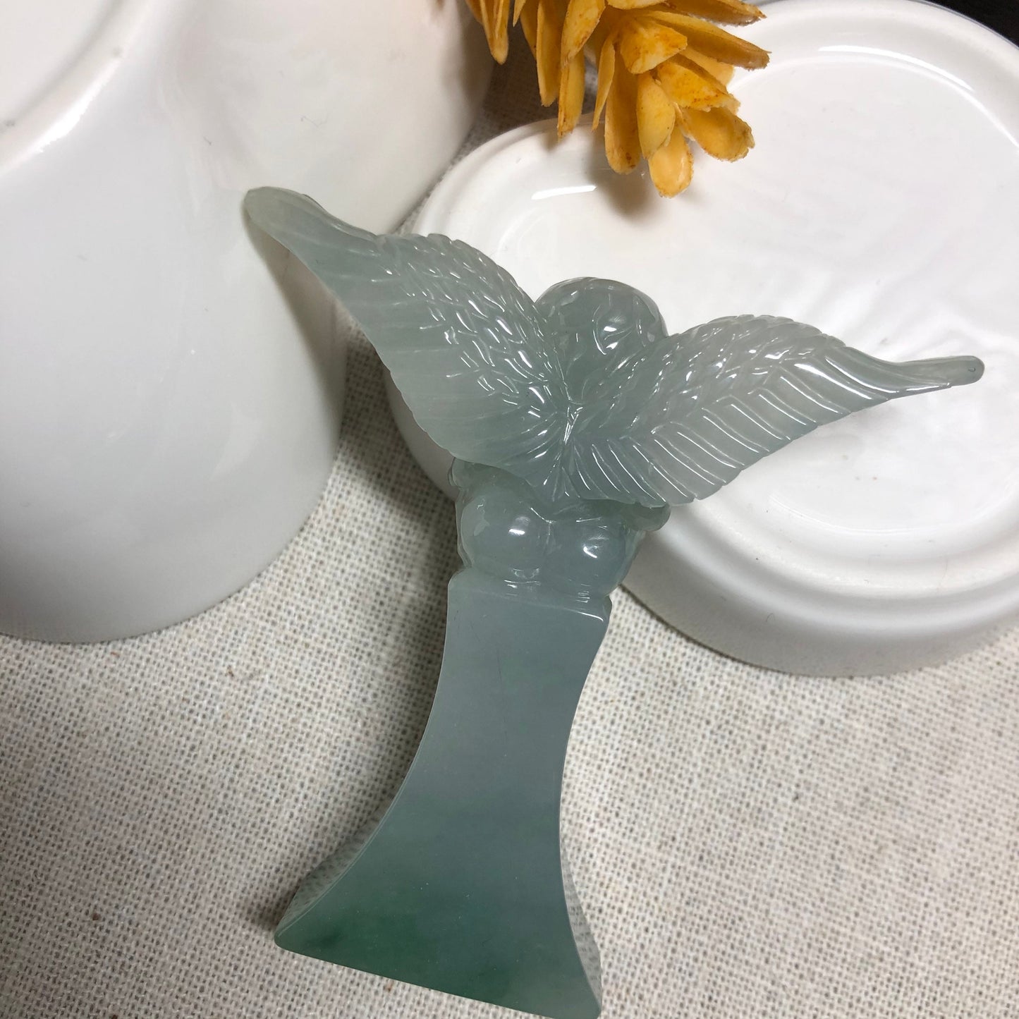 61.1 mm Grade A Jadeite Jade Icy Green Carved Cupid Love Angel Display Figurine Valentines Day