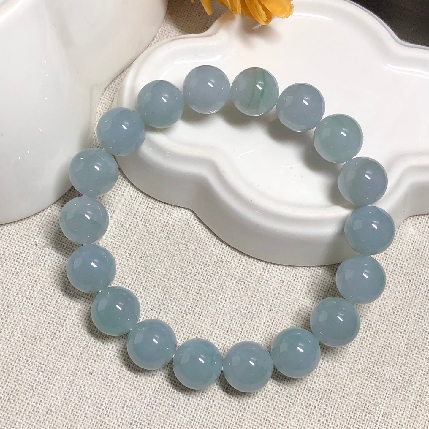 10.8 mm Grade A Icy Sky Blue Green Float Flowers Round Jadeite Jade Bead Bracelet 18 pcs.