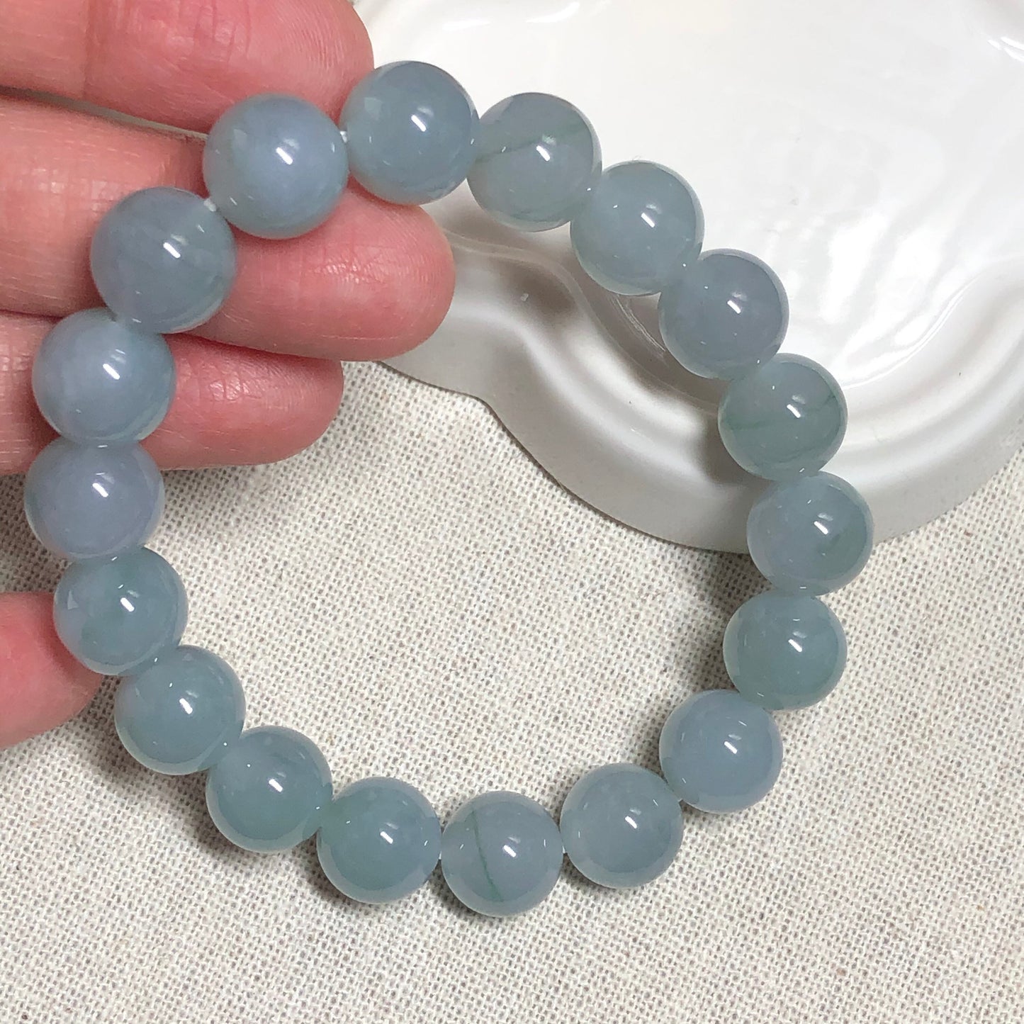 10.8 mm Grade A Icy Sky Blue Green Float Flowers Round Jadeite Jade Bead Bracelet 18 pcs.
