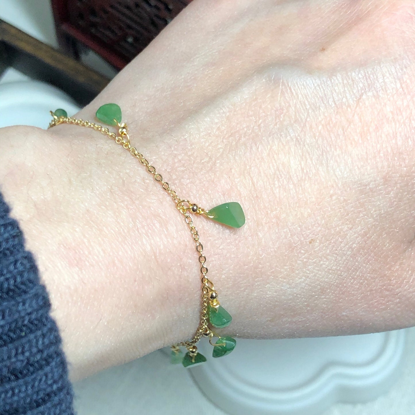 14K Gold Grade A Asst Green Shape dropslets Icy Jade Jadeite Bracelet set on 14K gold.