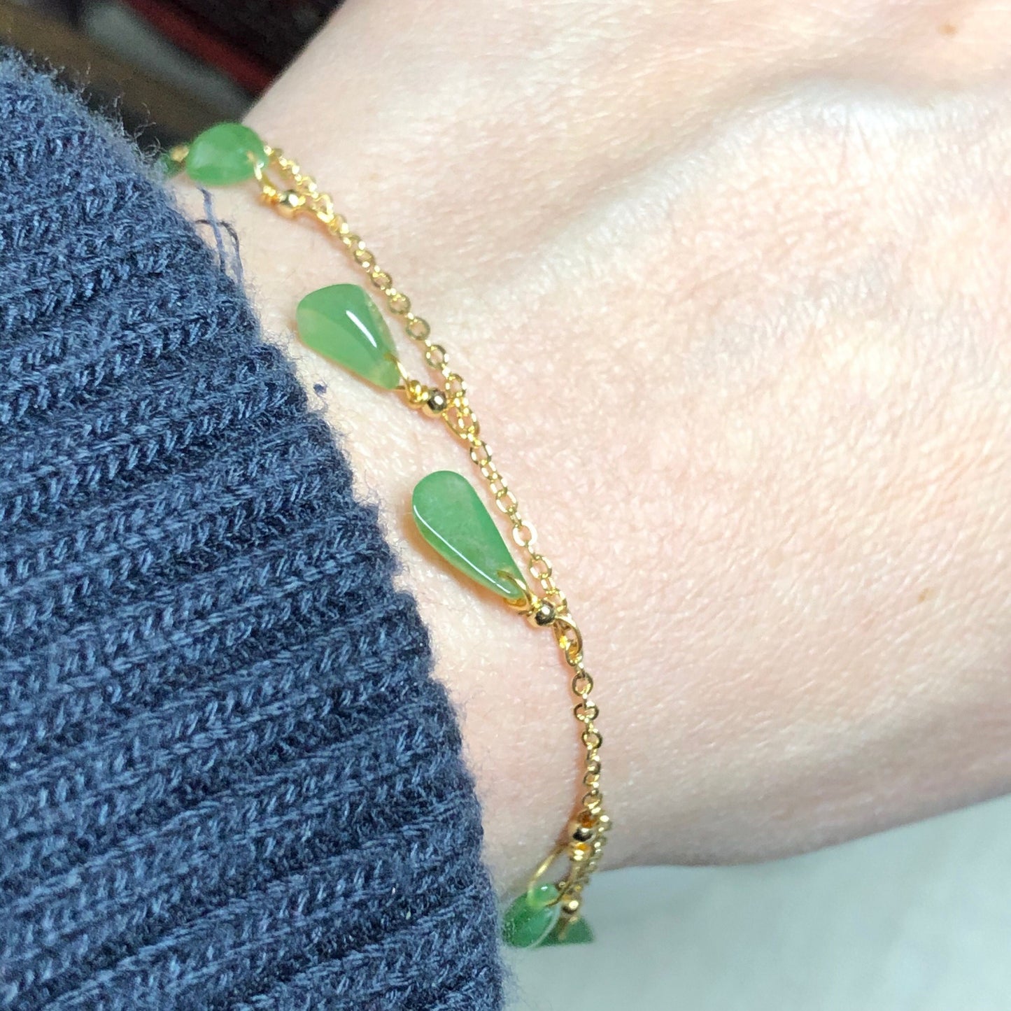 14K Gold Grade A Asst Green Shape dropslets Icy Jade Jadeite Bracelet set on 14K gold.