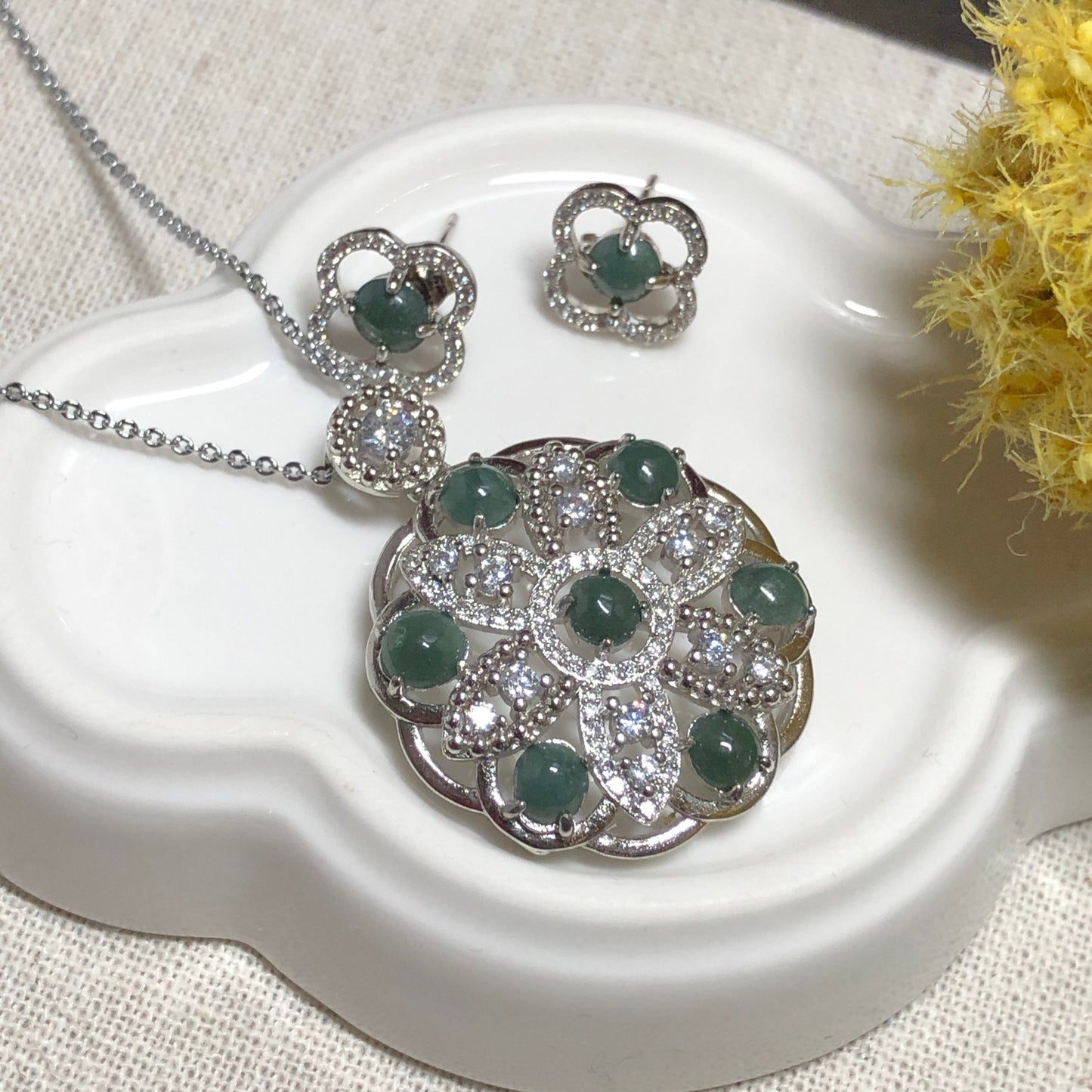 SALE Grade A Jadeite Jade Icy Assorted Cabochon Big Drop Pendant Dangle Earring Bow Ring Set on 925 Sterling Silver