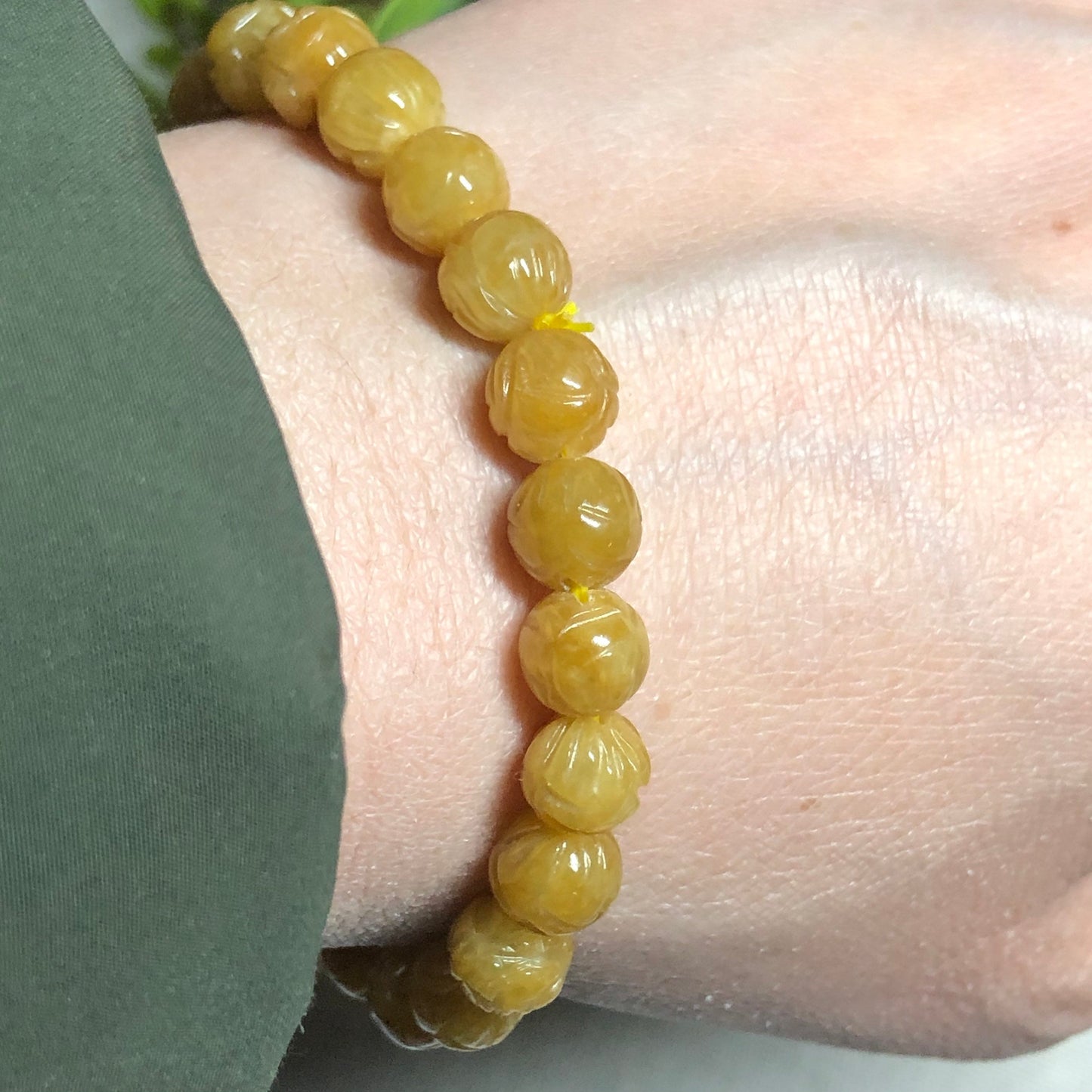 SALE: Jadeite Jade Yellow Brown Carved Antique Rounded Bead Bracelet 7.5mm x 24pcs.