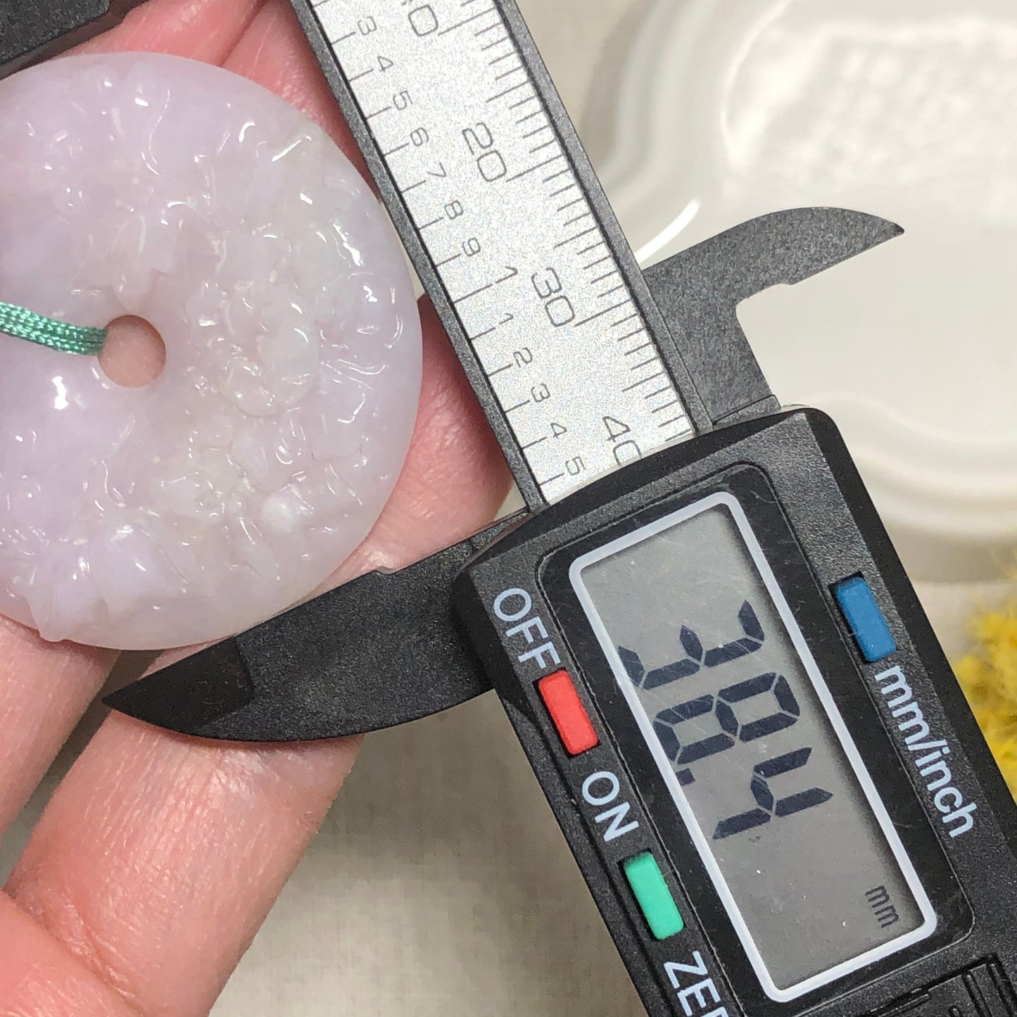 38.4mm Jadeite Jade Icy Light Lavender Pink Carved Floral Peace Donut Pendant Neck Rope Tie