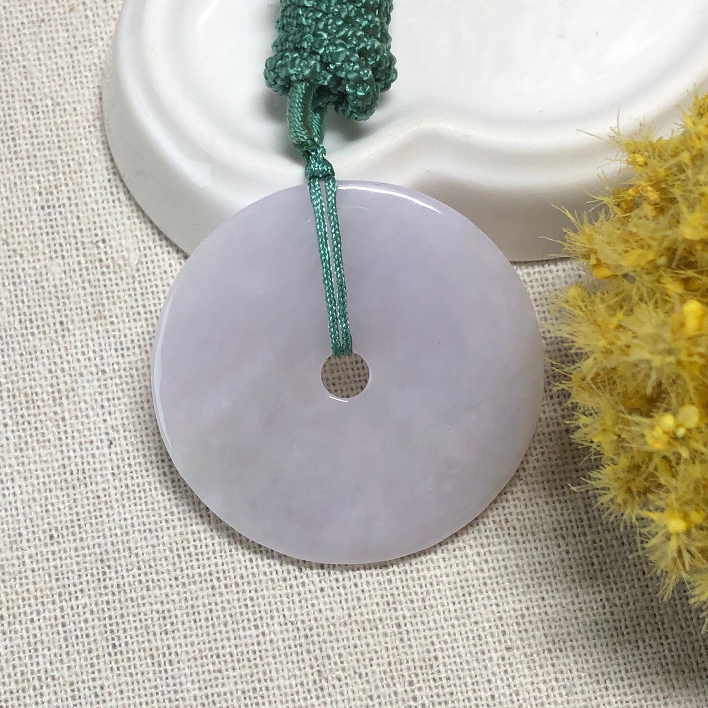 38.4mm Jadeite Jade Icy Light Lavender Pink Carved Floral Peace Donut Pendant Neck Rope Tie