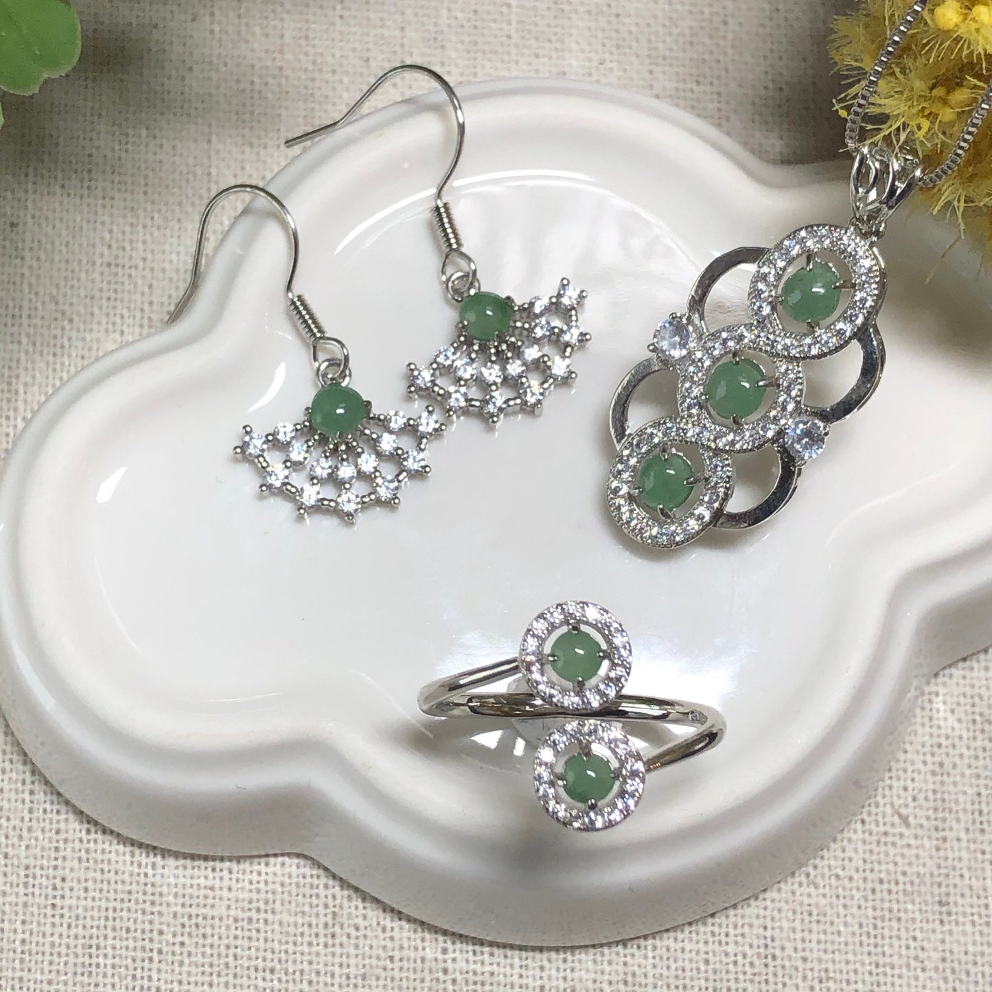 SALE Grade A Jadeite Jade Icy Assorted Cabochon Knot Tie Pendant Dangle Earring Fan Ring Set on 925 Sterling Silver