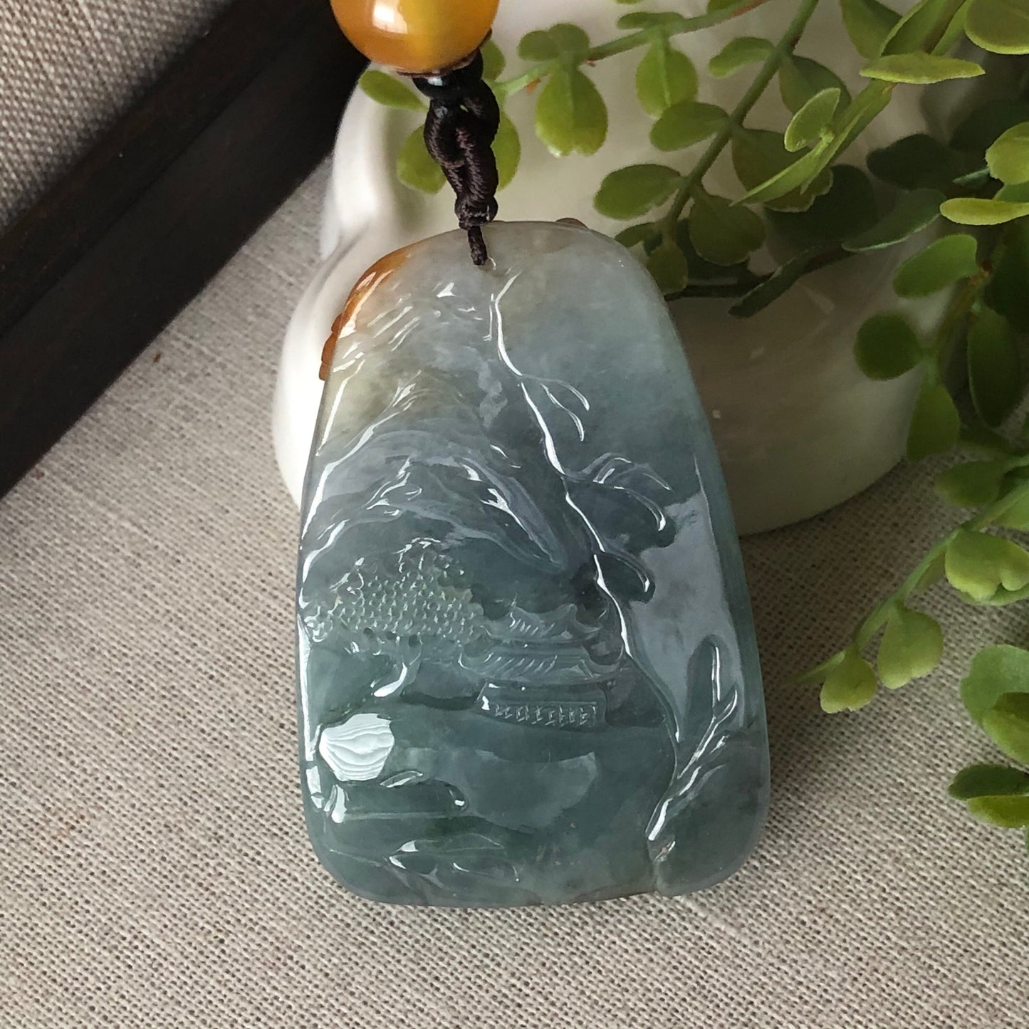 SALE: 63.4mm Jadeite Jade Carved Red Brown Mountain Water Landscape Trees Scenery Pendant Neck Rope Tie 山水