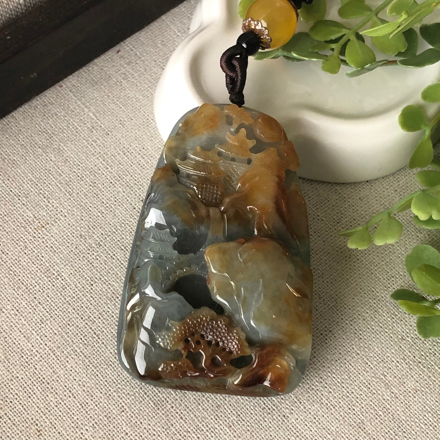 SALE: 63.4mm Jadeite Jade Carved Red Brown Mountain Water Landscape Trees Scenery Pendant Neck Rope Tie 山水