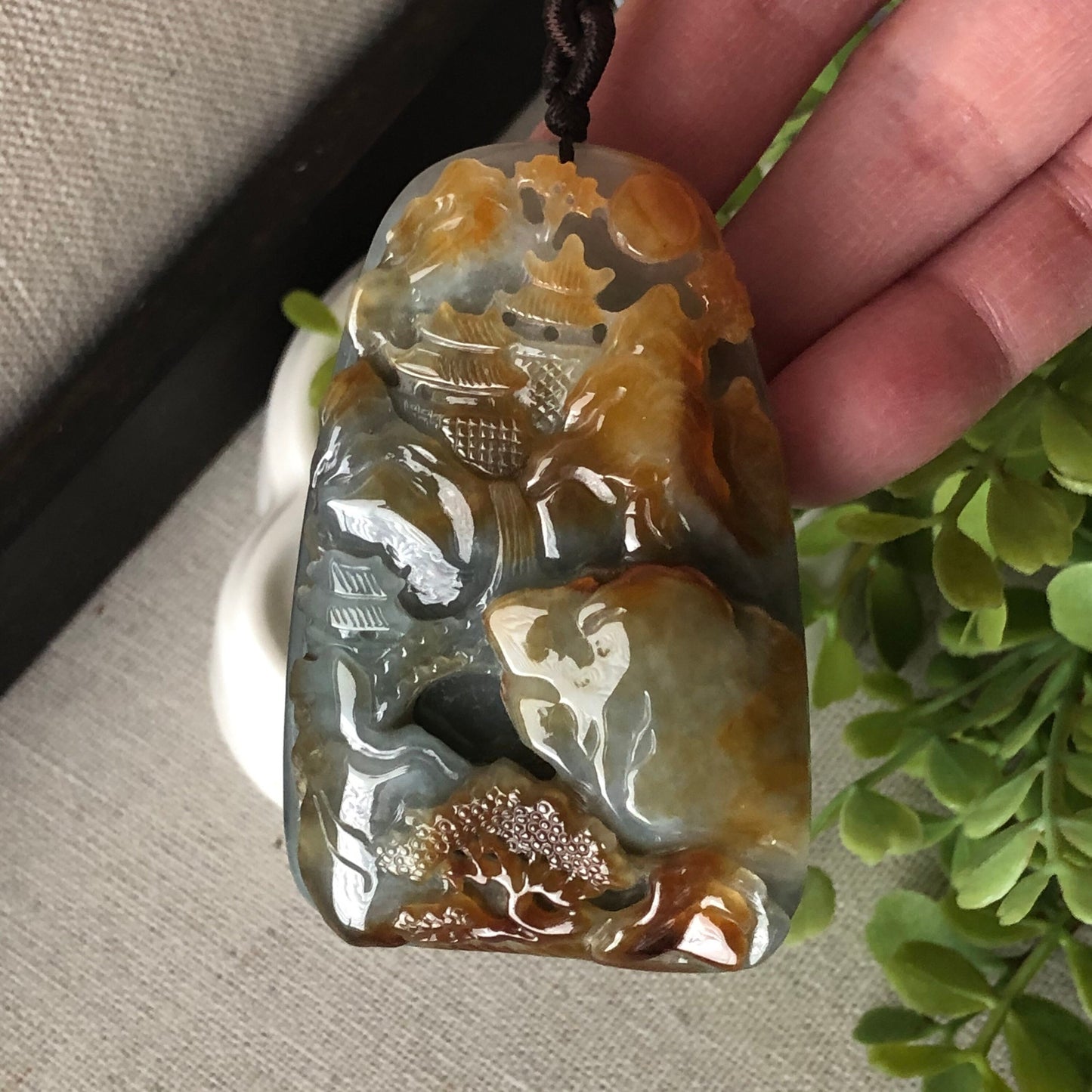 SALE: 63.4mm Jadeite Jade Carved Red Brown Mountain Water Landscape Trees Scenery Pendant Neck Rope Tie 山水