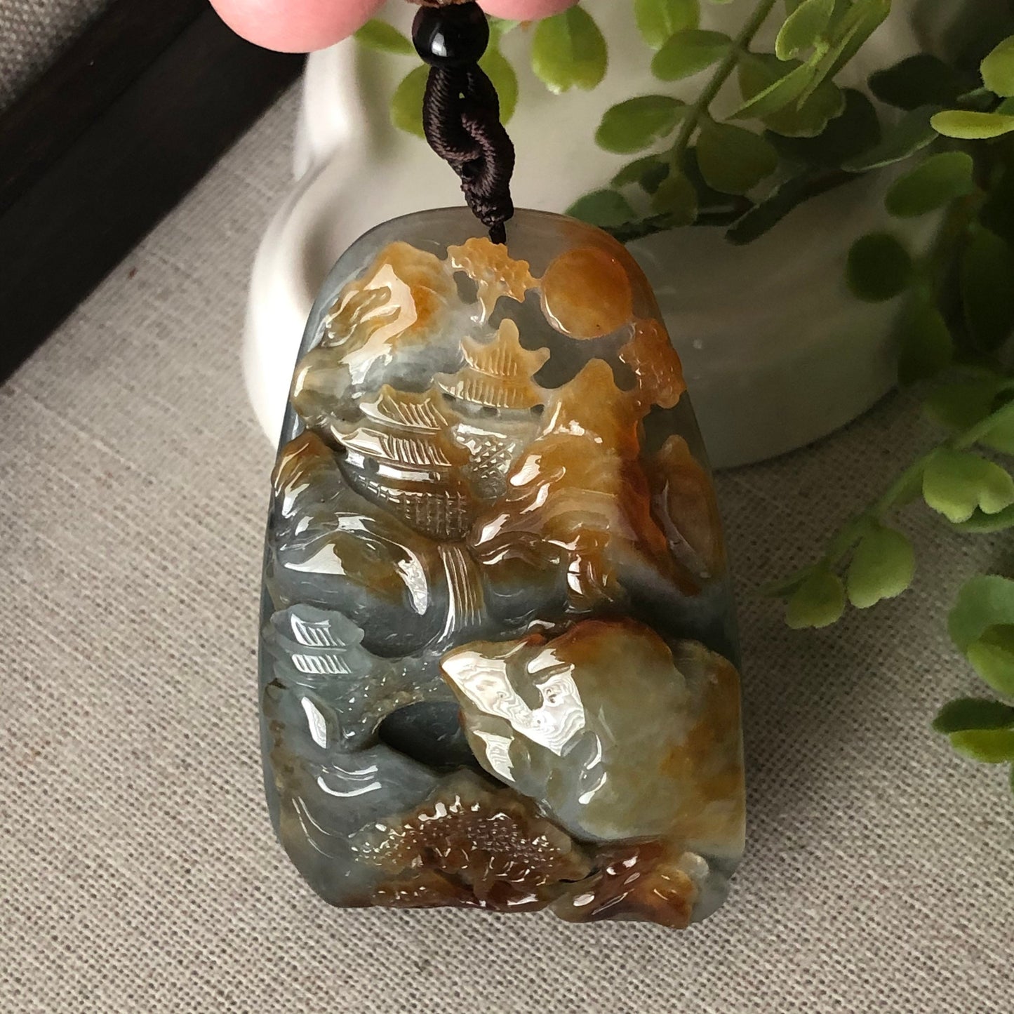 SALE: 63.4mm Jadeite Jade Carved Red Brown Mountain Water Landscape Trees Scenery Pendant Neck Rope Tie 山水