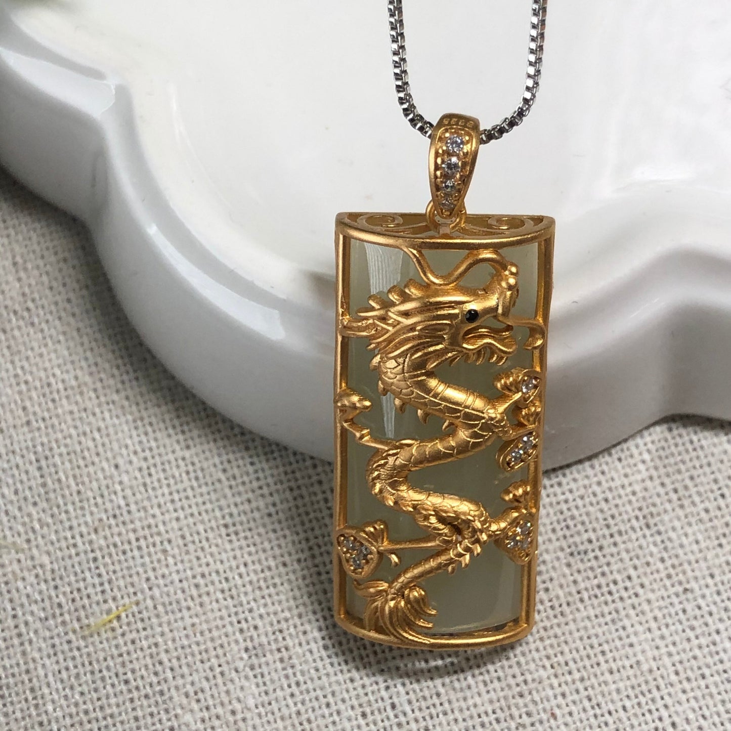 40mm Hetian Jade 925s Sterling Silver Gold Case Dragon Pendant RARE