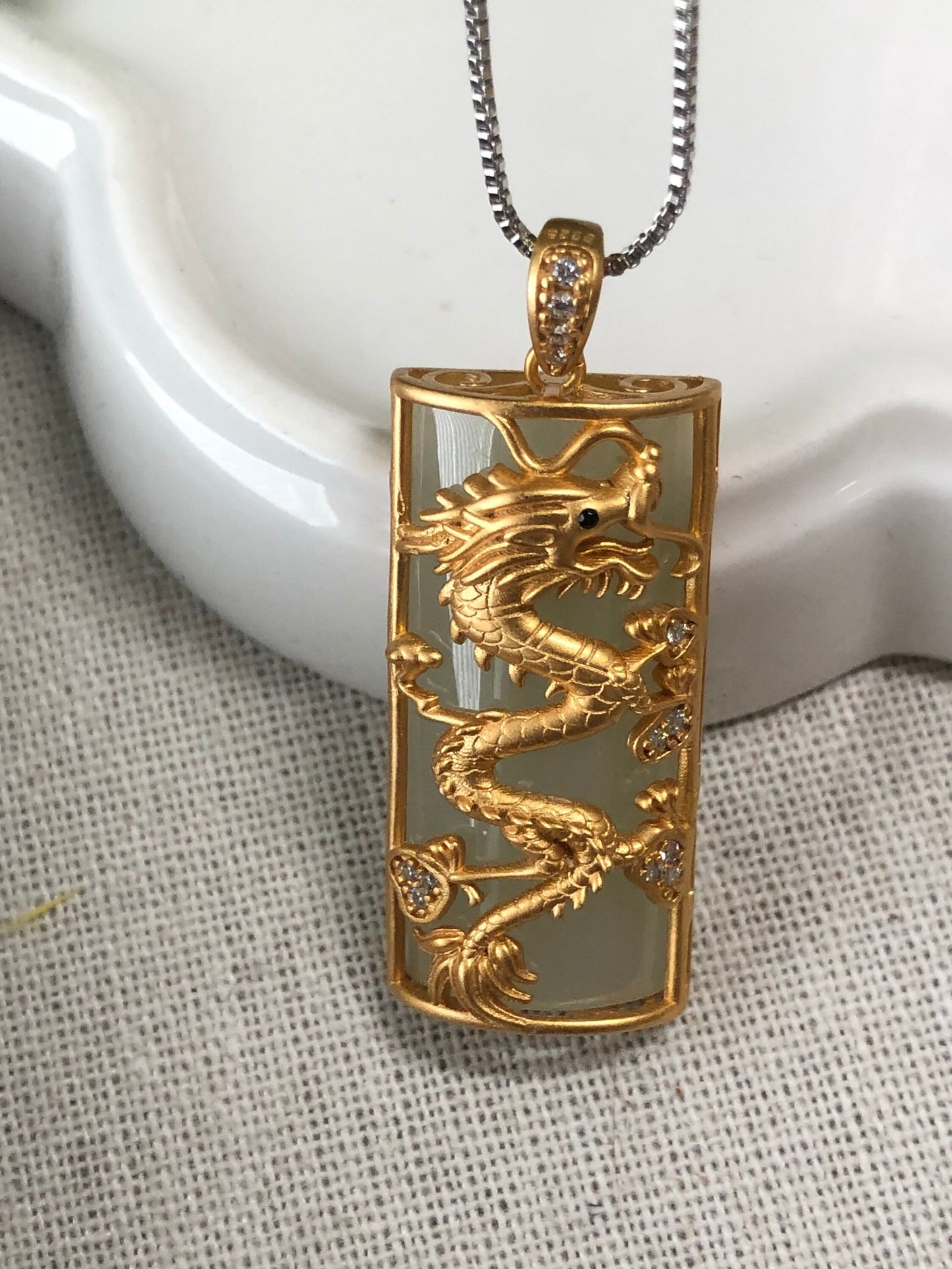 40mm Hetian Jade 925s Sterling Silver Gold Case Dragon Pendant RARE