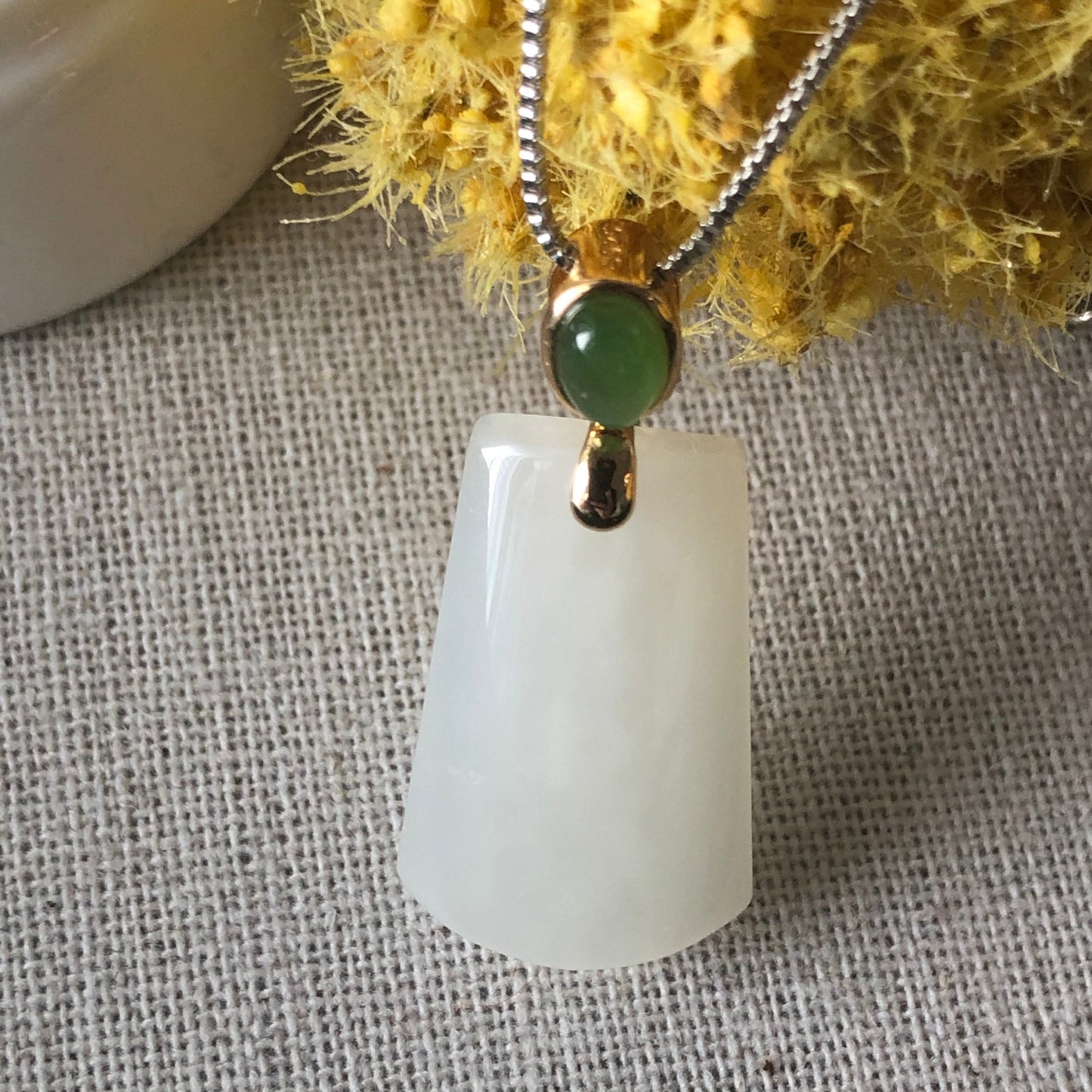 SALE: 28.7mm Hetian Jade 925s Sterling Silver Gold Case Bail Green Cabochon Pendant