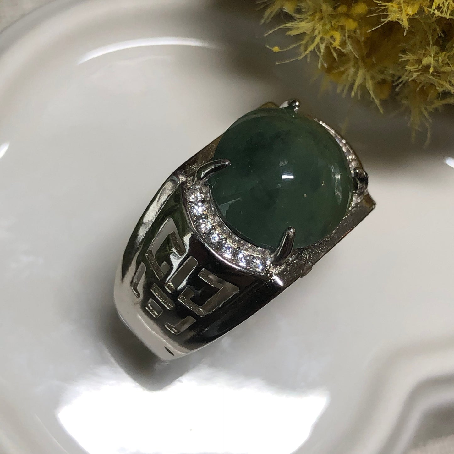 925S Certified Grade A Jadeite Jade Icy Green Round Cabochon Ring set on Sterling Silver