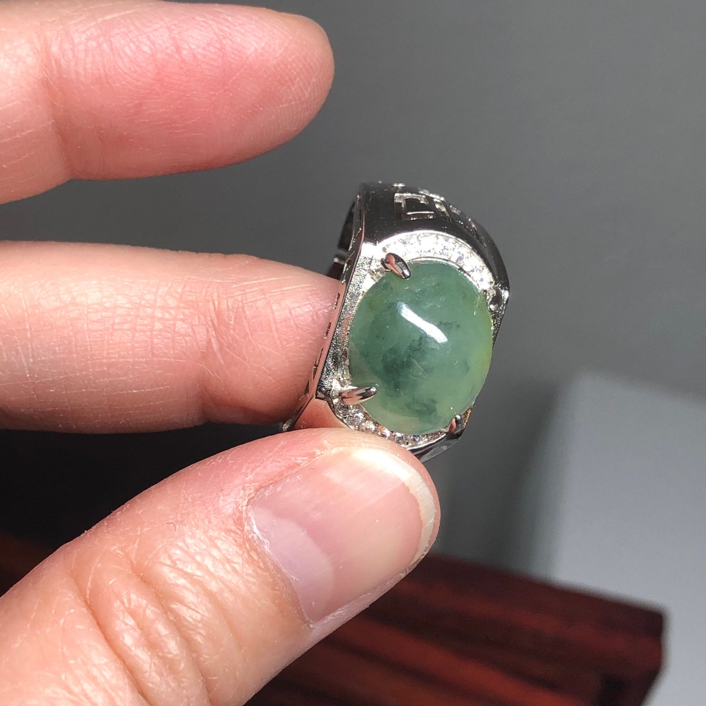 925S Certified Grade A Jadeite Jade Icy Green Round Cabochon Ring set on Sterling Silver