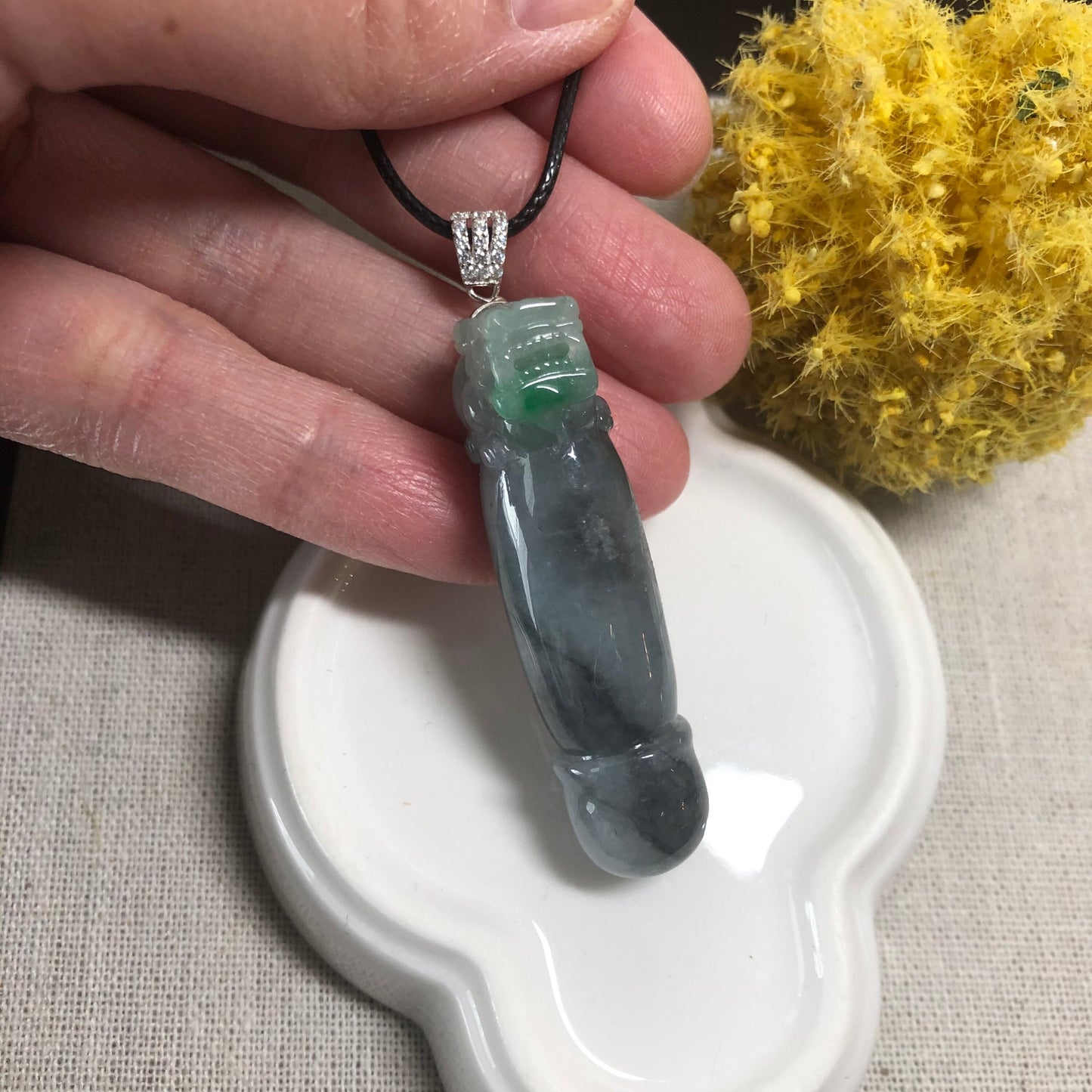 48mm Grade A Icy Wuji Green Carved Pixiu Pole Head Jadeite Jade Pendant with 925s Bail Keychain RARE