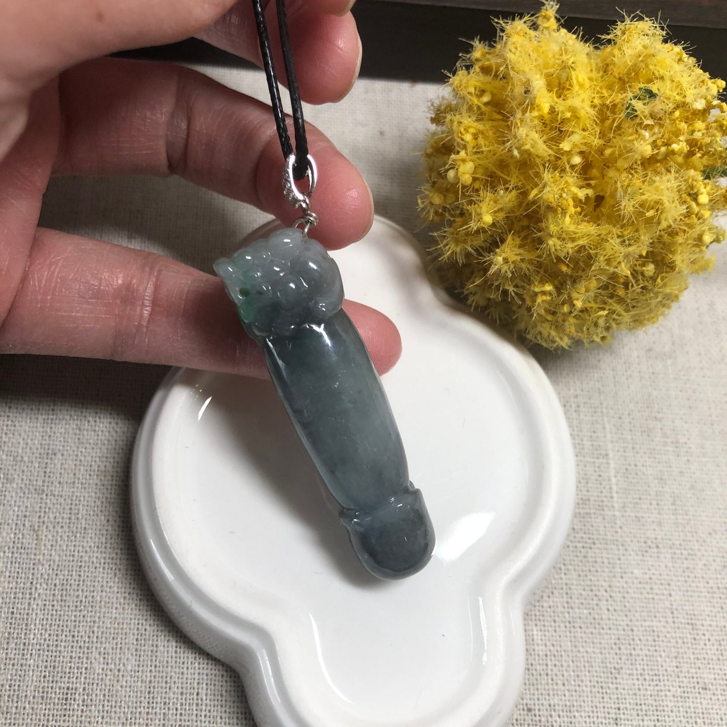 48mm Grade A Icy Wuji Green Carved Pixiu Pole Head Jadeite Jade Pendant with 925s Bail Keychain RARE
