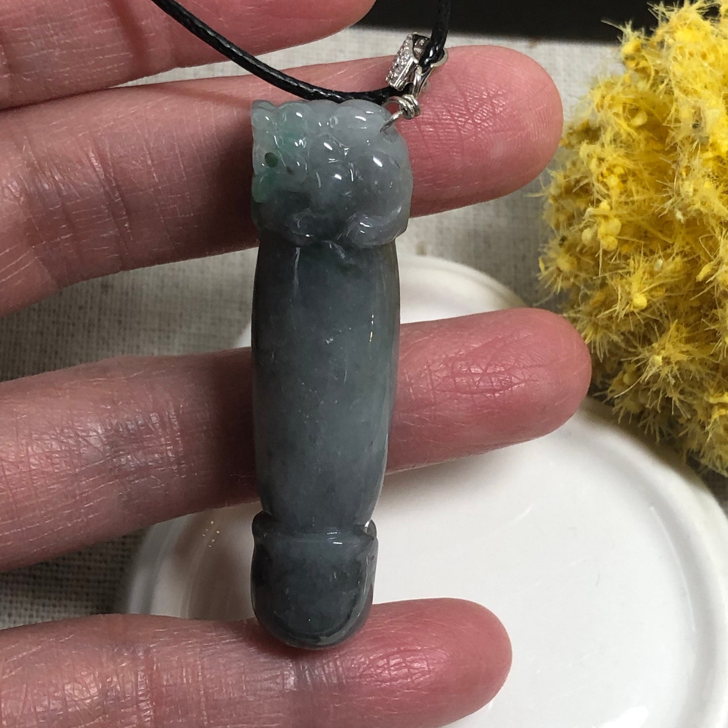 48mm Grade A Icy Wuji Green Carved Pixiu Pole Head Jadeite Jade Pendant with 925s Bail Keychain RARE