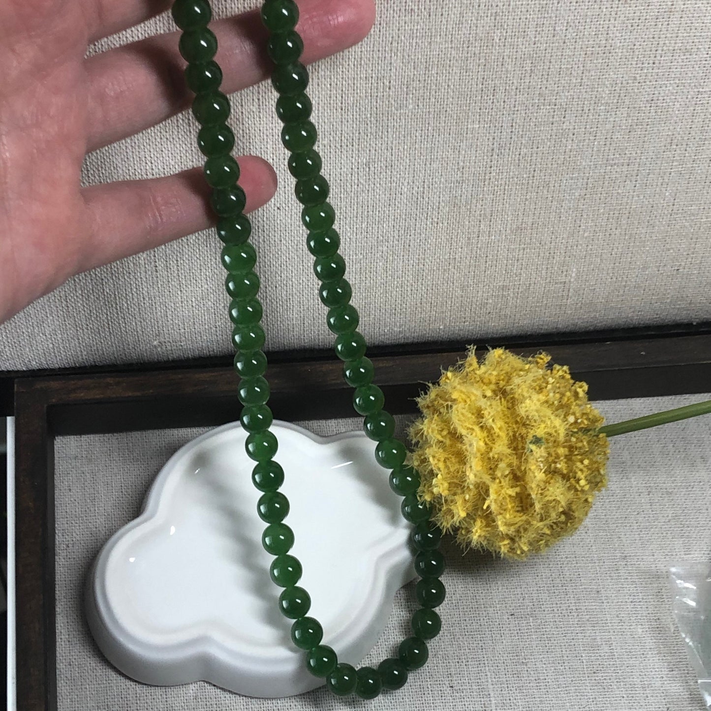 Reserved: 7.7mm Grade A Hetian Jade Nephrite Imperial Green Round Jadeite Jade Bracelet Necklace. 58pcs.