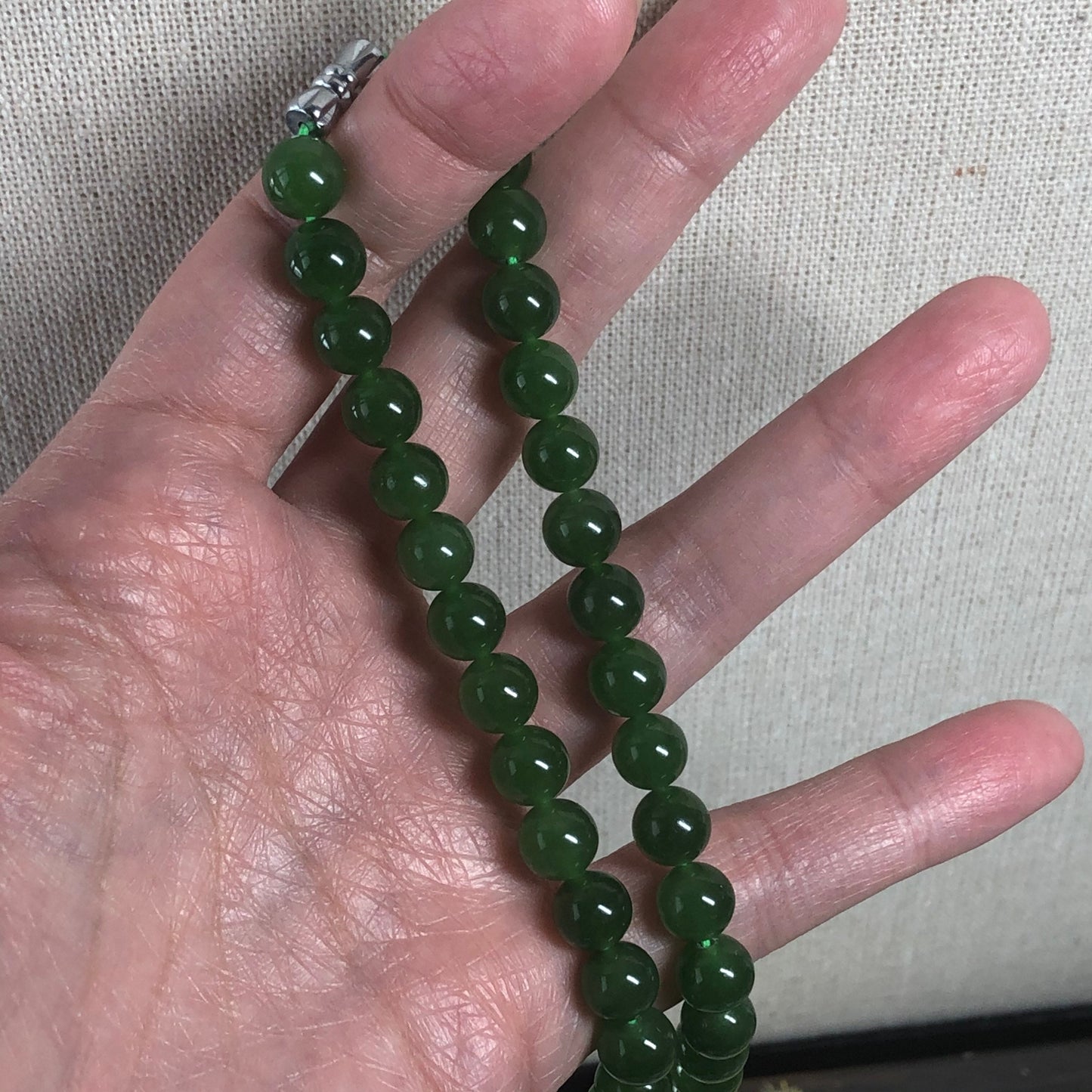 Reserved: 7.7mm Grade A Hetian Jade Nephrite Imperial Green Round Jadeite Jade Bracelet Necklace. 58pcs.