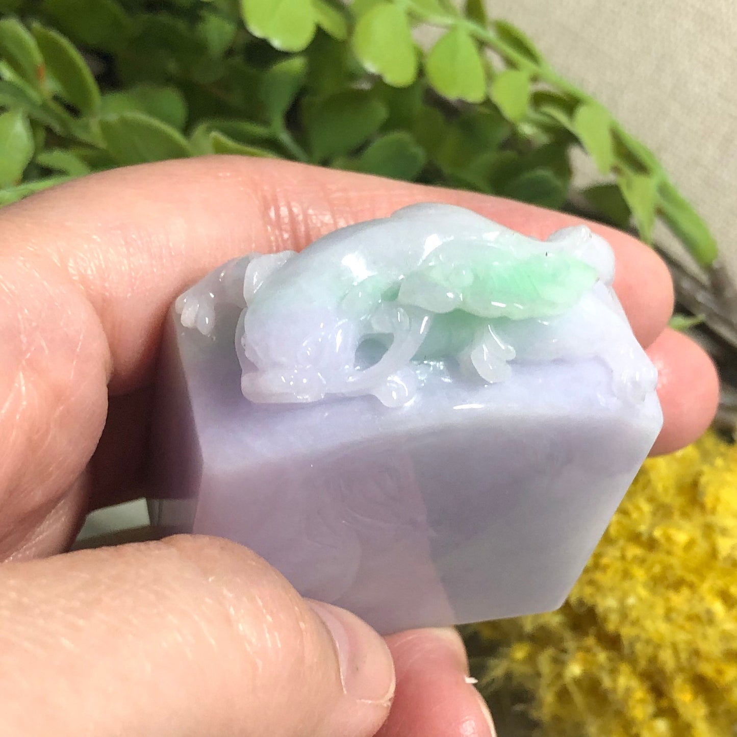 SALE: 46mm Jadeite Jade Carved Green Lavender Ruyi Pixiu Display Stamp