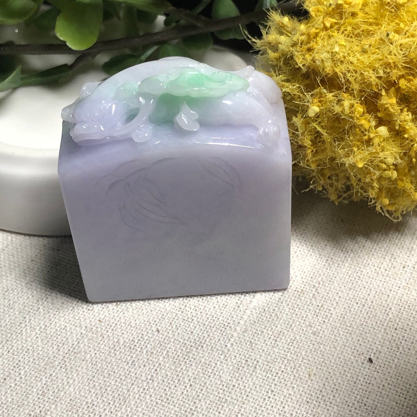SALE: 46mm Jadeite Jade Carved Green Lavender Ruyi Pixiu Display Stamp