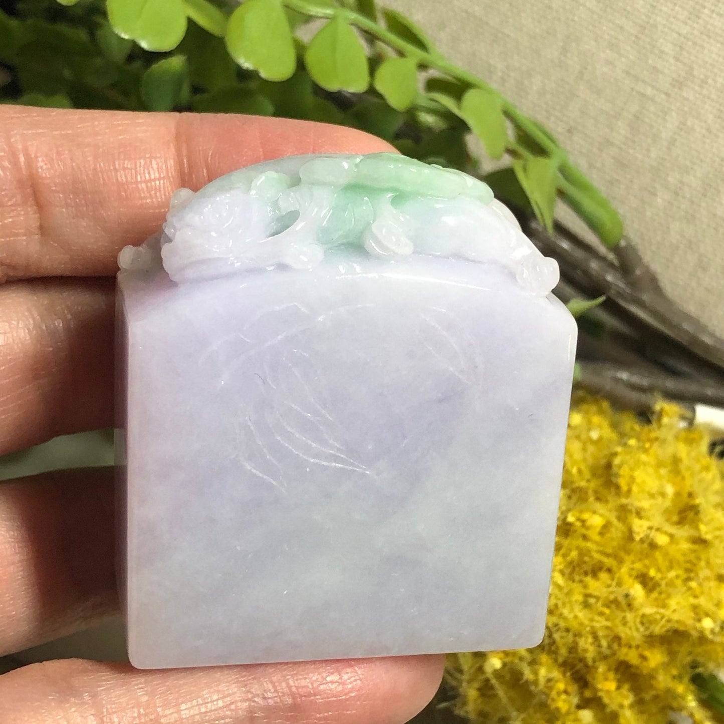 SALE: 46mm Jadeite Jade Carved Green Lavender Ruyi Pixiu Display Stamp