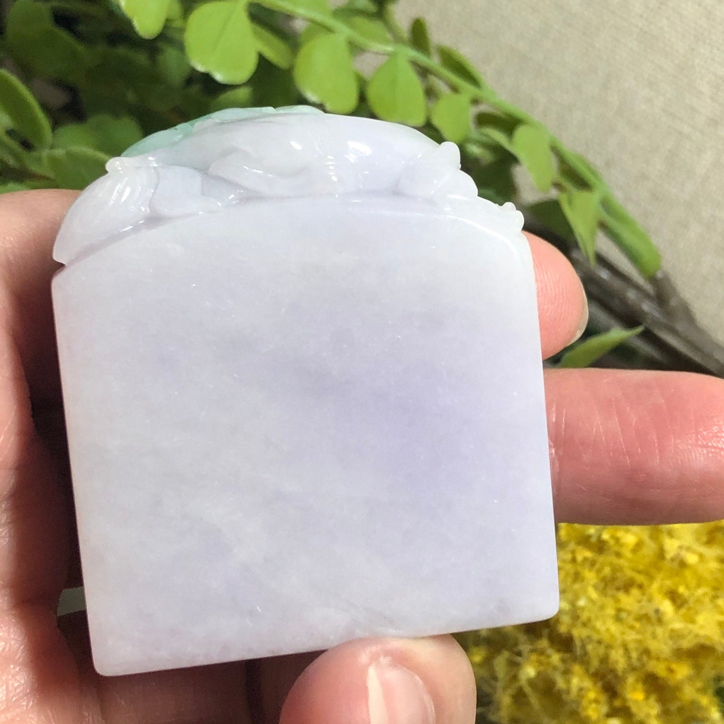 SALE: 46mm Jadeite Jade Carved Green Lavender Ruyi Pixiu Display Stamp
