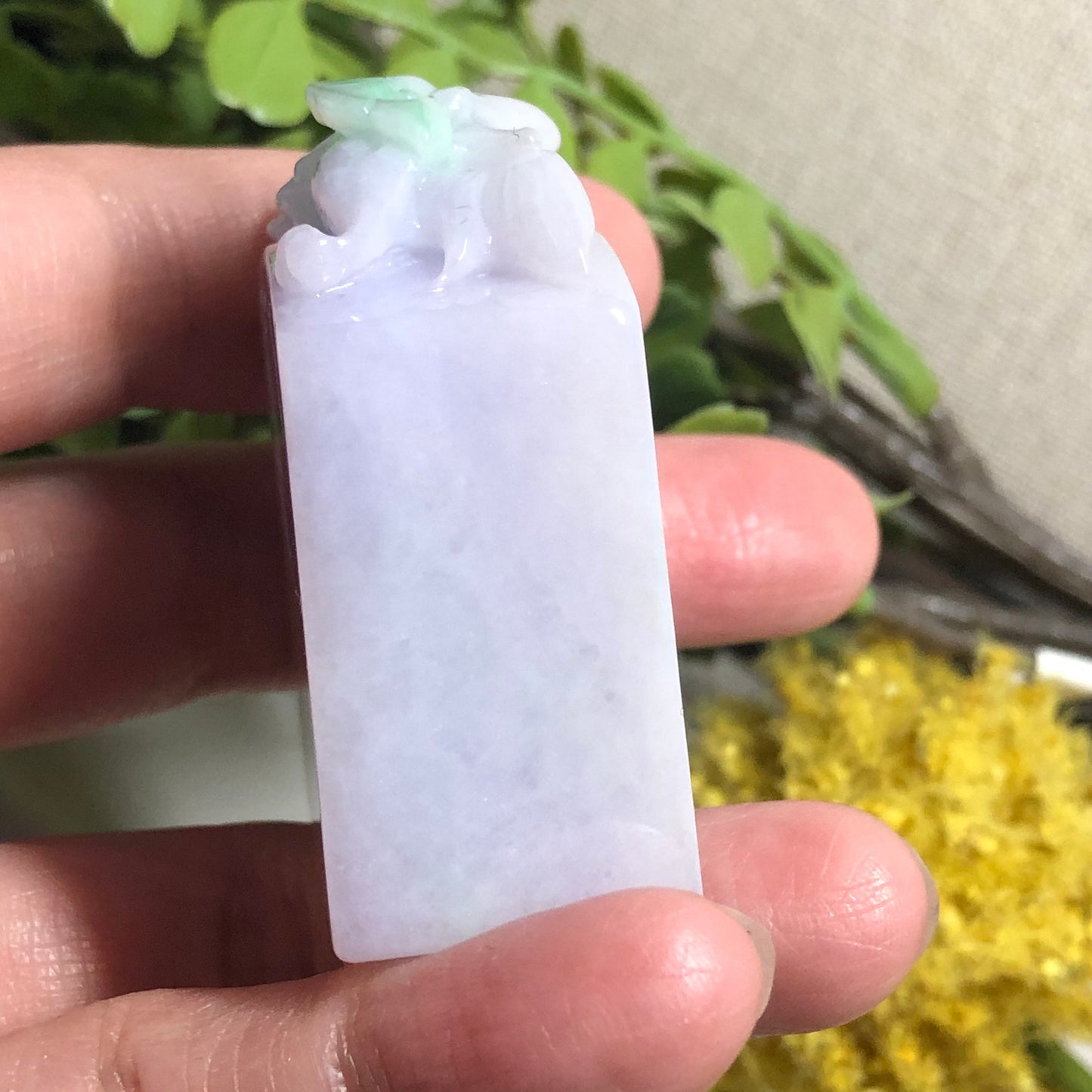 SALE: 46mm Jadeite Jade Carved Green Lavender Ruyi Pixiu Display Stamp