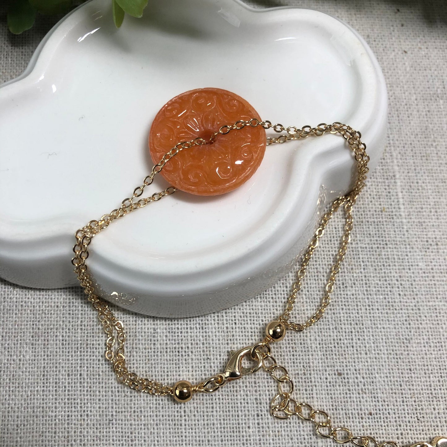 SALE: 14K Grade A Red Brown Jadeite Jade Antique Carved Peace Donut Bracelet set on gold plated