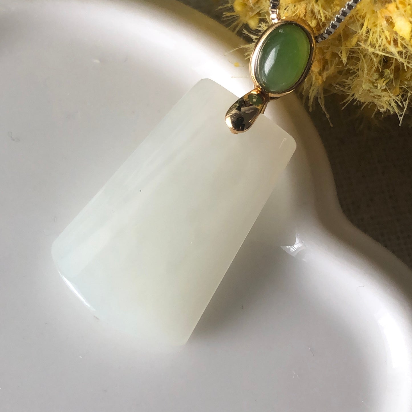 SALE: 28.7mm Hetian Jade 925s Sterling Silver Gold Case Bail Green Cabochon Pendant