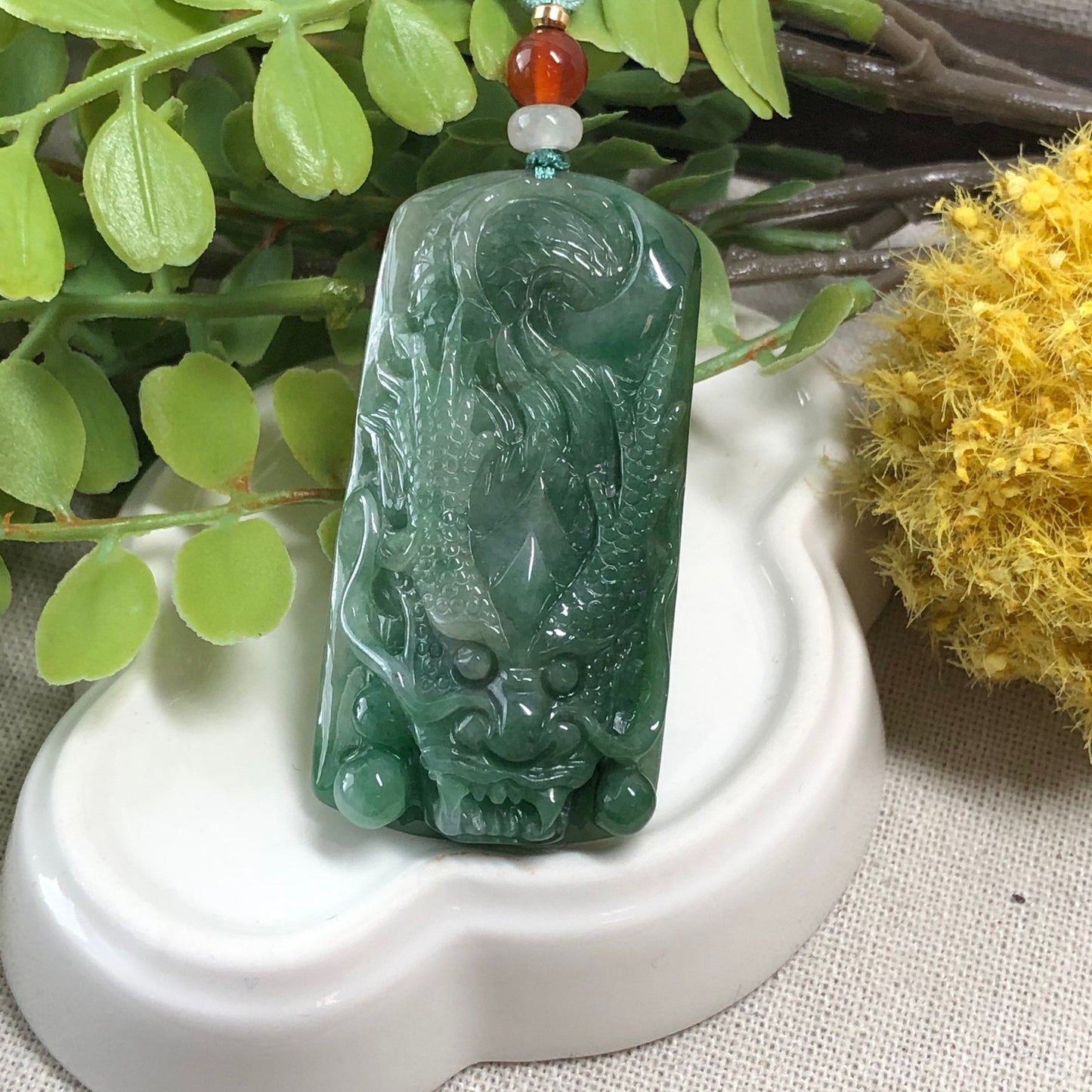 50.3 mm Grade A Green Carved Jadeite Jade Dragon Pendant