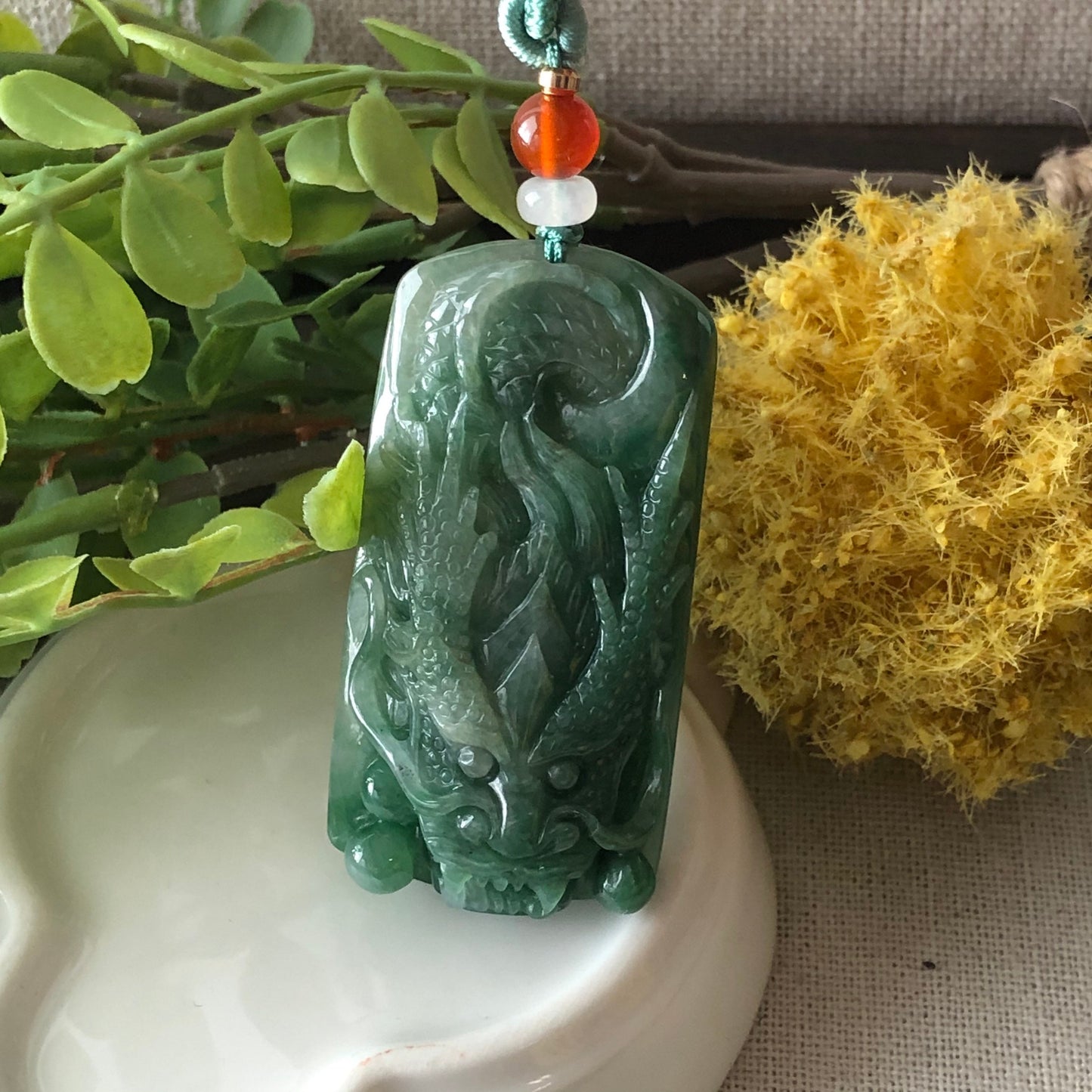 50.3 mm Grade A Green Carved Jadeite Jade Dragon Pendant