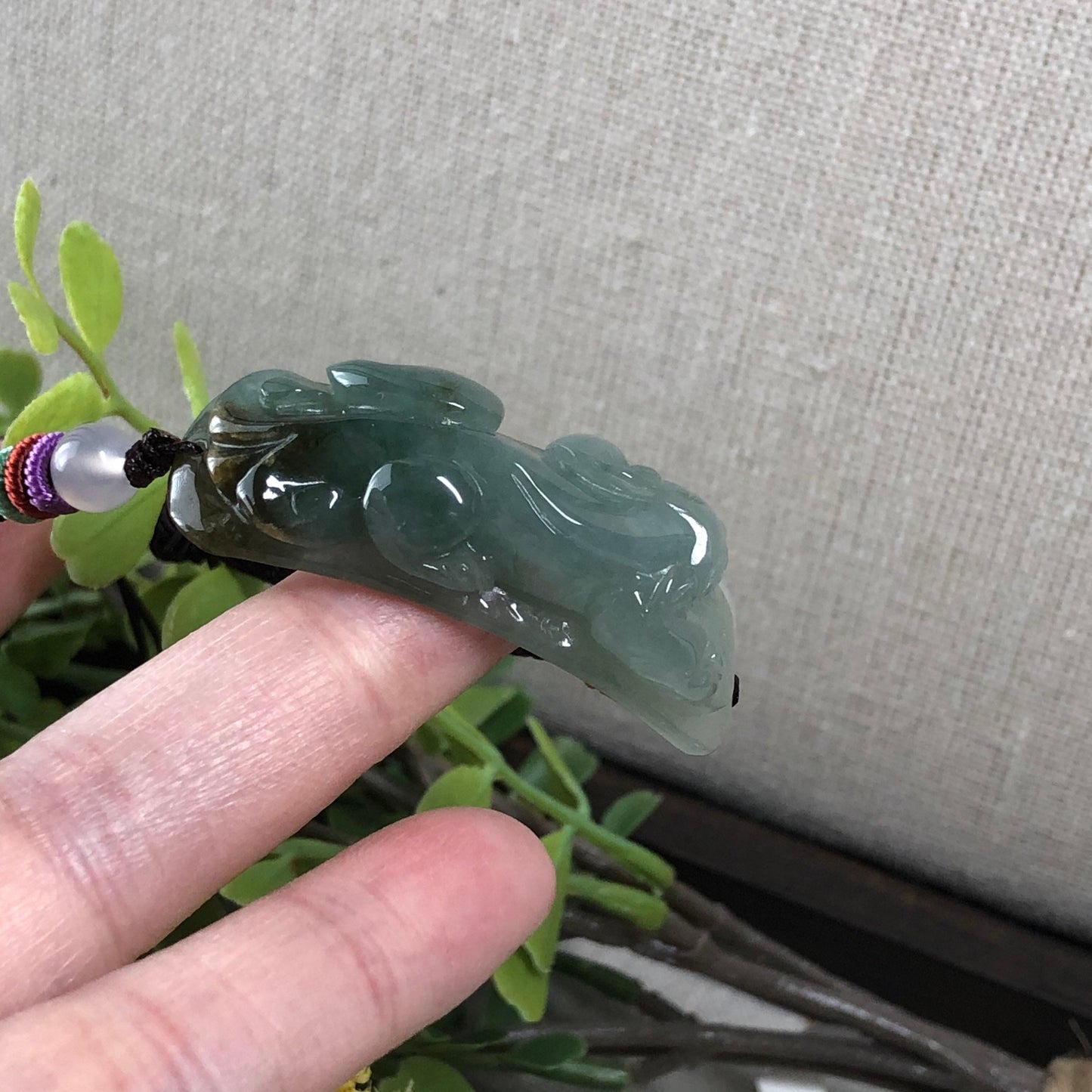 45.9mm Grade A Lake Green Yellow Brown Tail Carved Pixiu Jadeite Jade Rope Bracelet