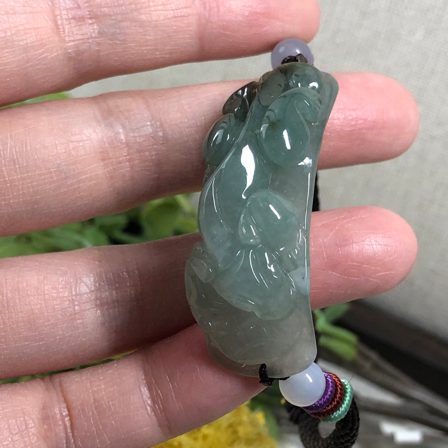 45.9mm Grade A Lake Green Yellow Brown Tail Carved Pixiu Jadeite Jade Rope Bracelet