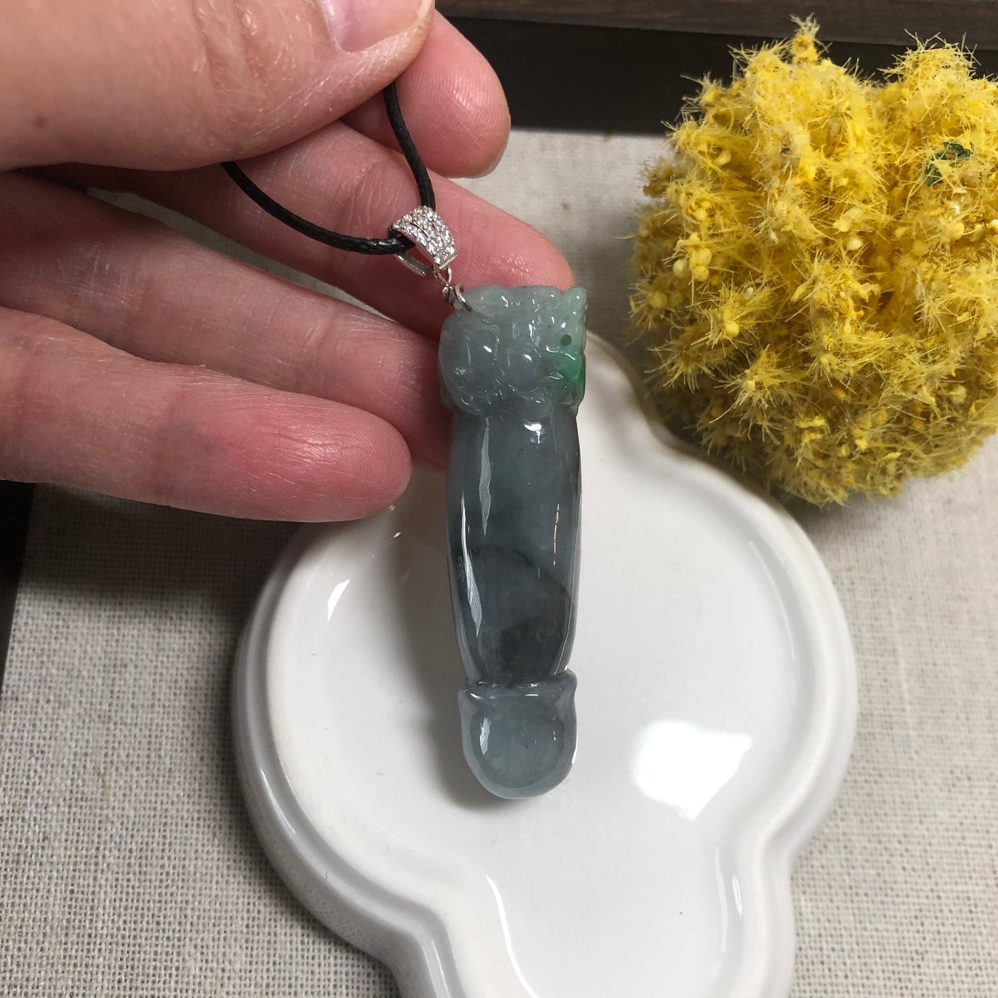 48mm Grade A Icy Wuji Green Carved Pixiu Pole Head Jadeite Jade Pendant with 925s Bail Keychain RARE