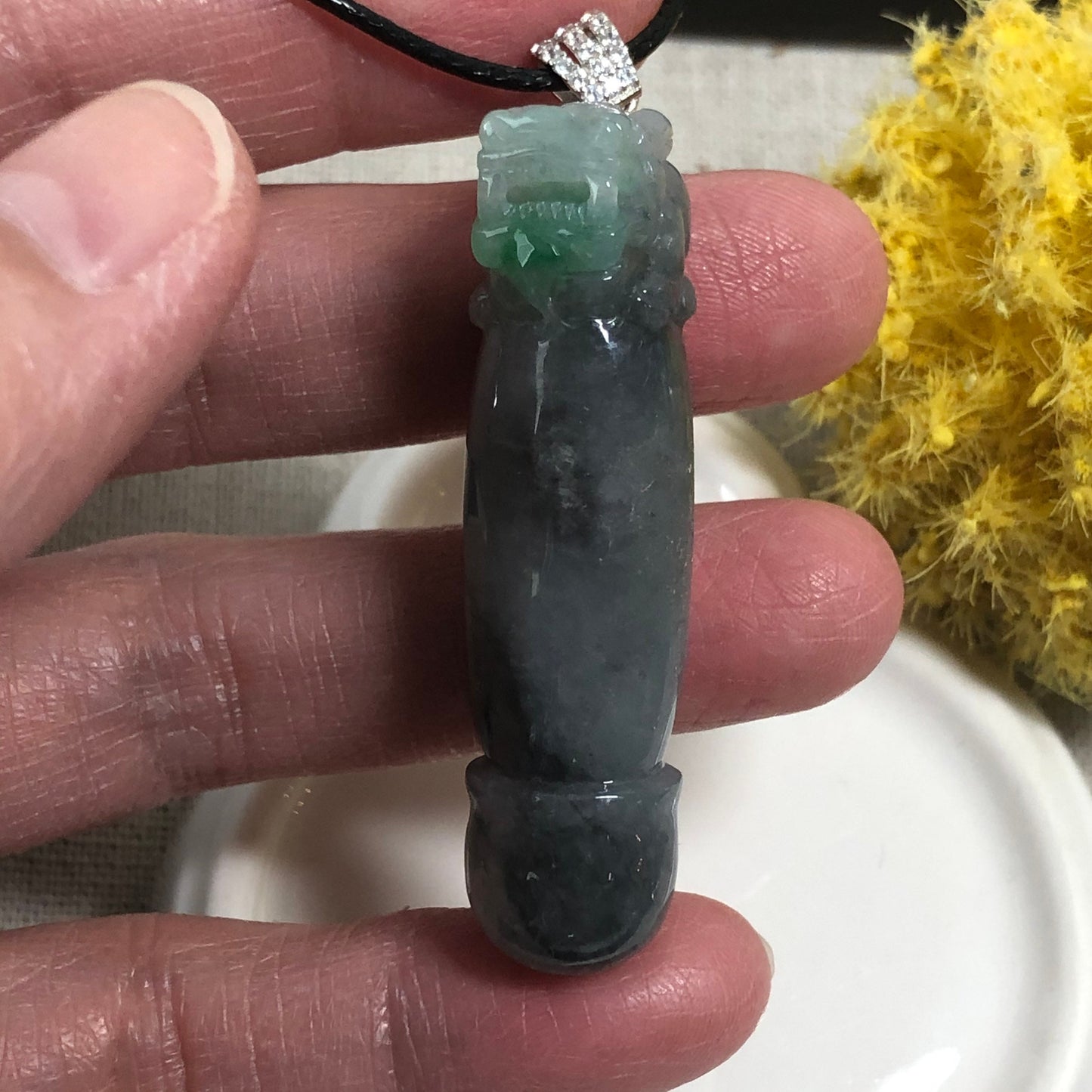 48mm Grade A Icy Wuji Green Carved Pixiu Pole Head Jadeite Jade Pendant with 925s Bail Keychain RARE