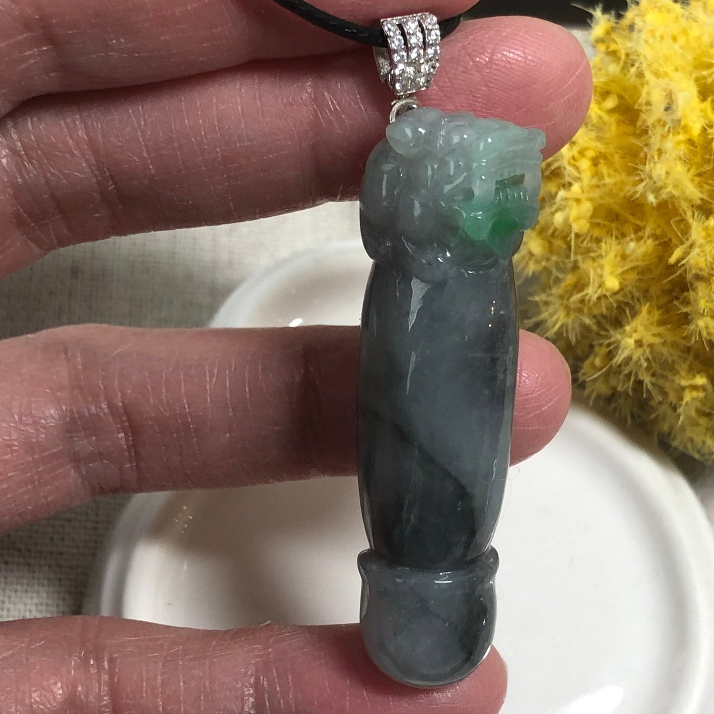 48mm Grade A Icy Wuji Green Carved Pixiu Pole Head Jadeite Jade Pendant with 925s Bail Keychain RARE