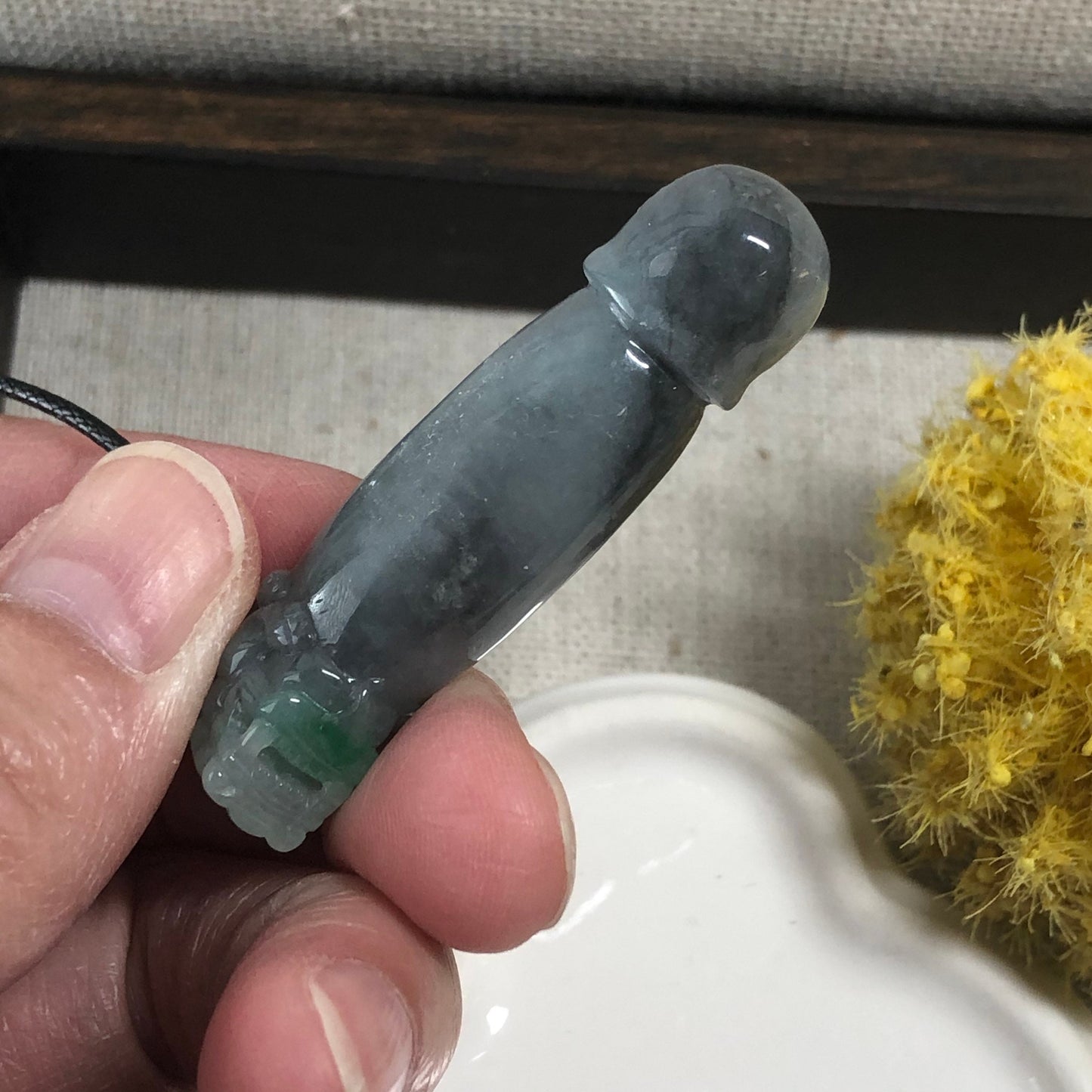 48mm Grade A Icy Wuji Green Carved Pixiu Pole Head Jadeite Jade Pendant with 925s Bail Keychain RARE