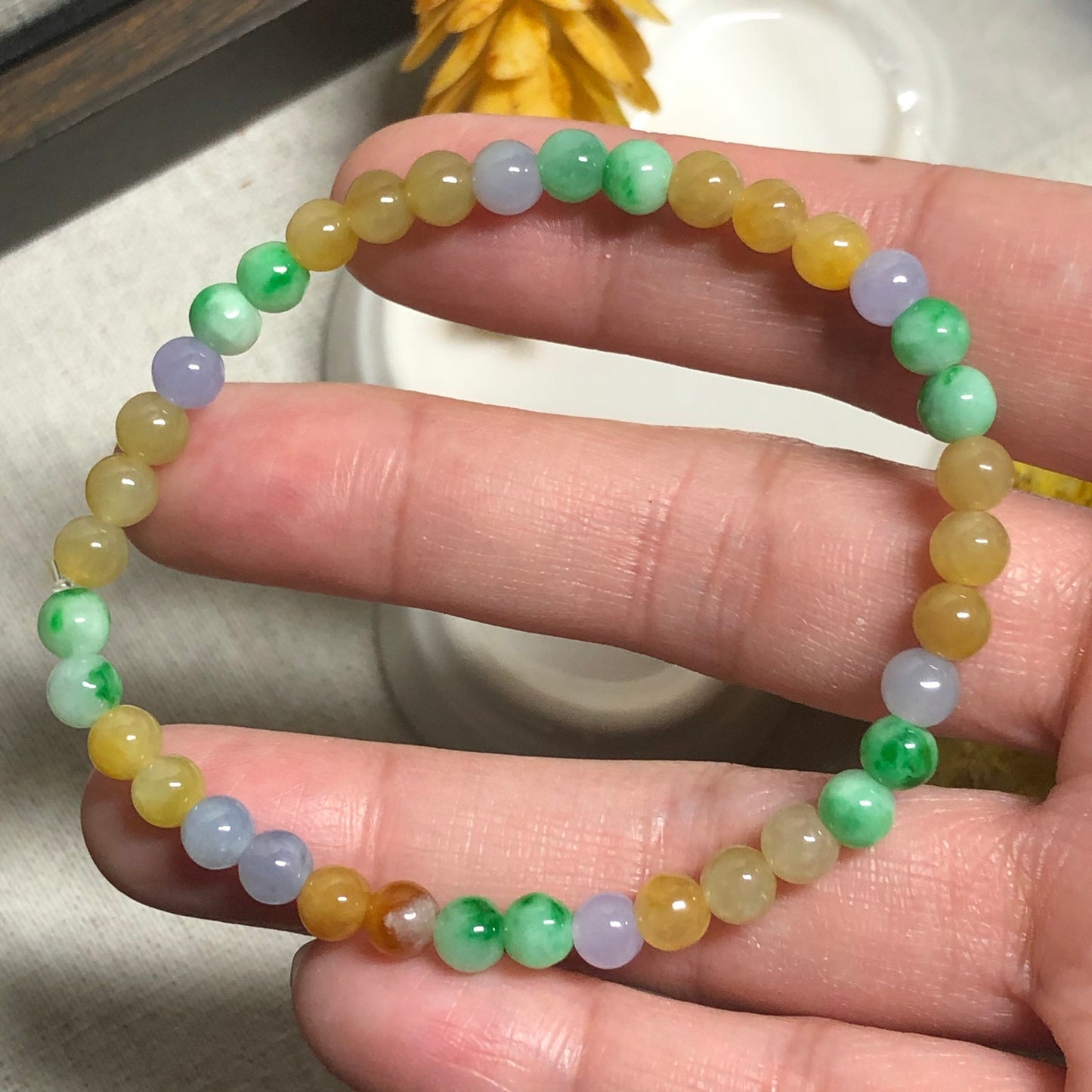 SALE: 5.1 mm Grade A Icy Rainbow Jadeite Jade Bead Bracelet 38PCs.