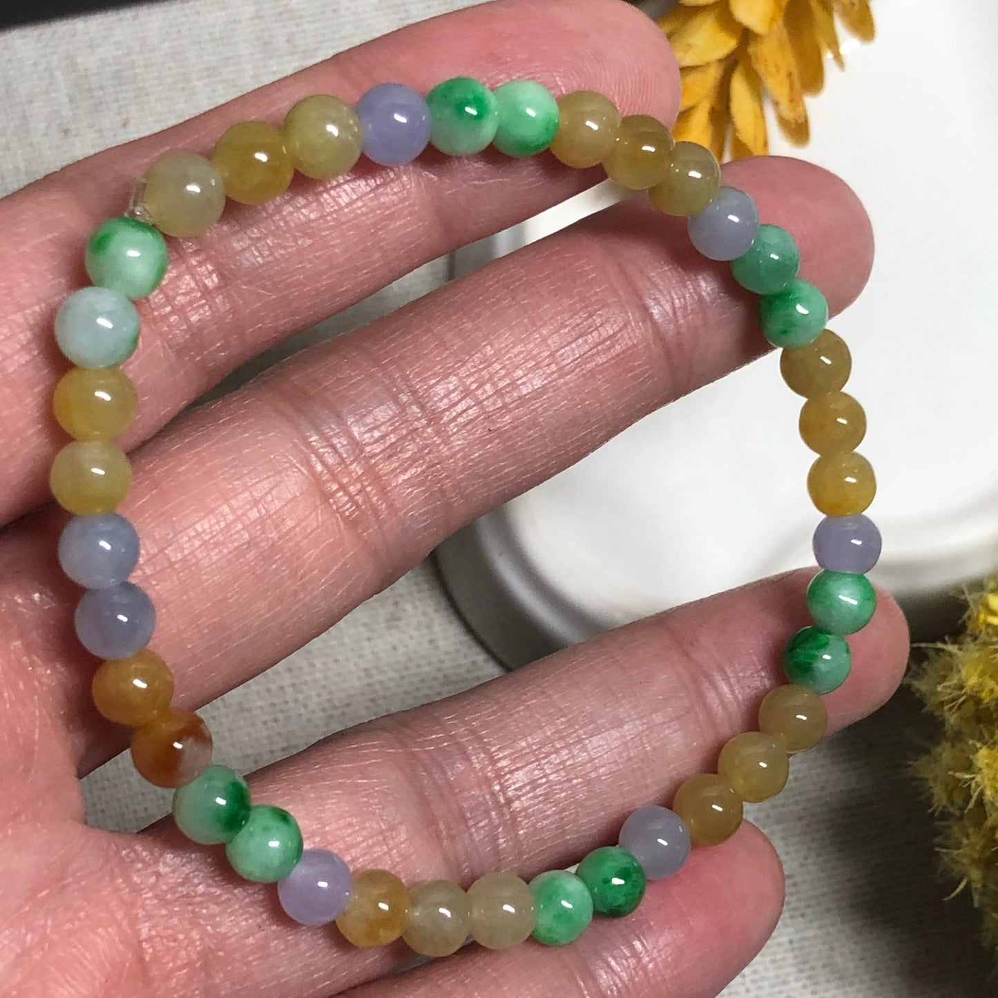 SALE: 5.1 mm Grade A Icy Rainbow Jadeite Jade Bead Bracelet 38PCs.