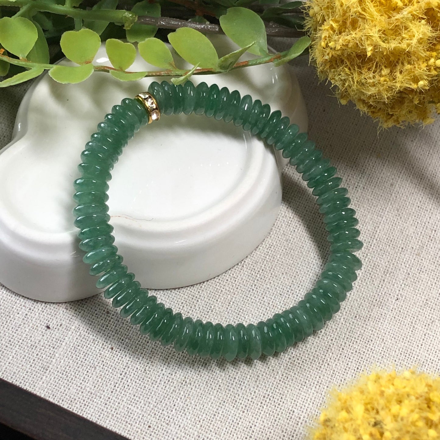 SALE: 7.8 mm Grade A Green Mini Peace Donut l Flat Bead Jadeite Jade Bead Bracelet
