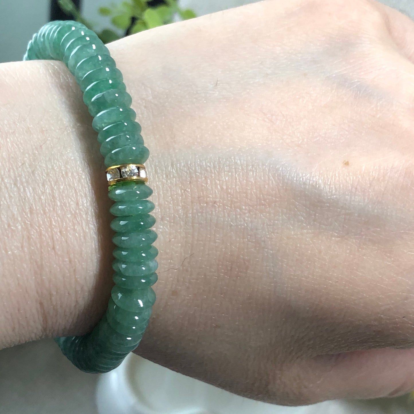 SALE: 7.8 mm Grade A Green Mini Peace Donut l Flat Bead Jadeite Jade Bead Bracelet