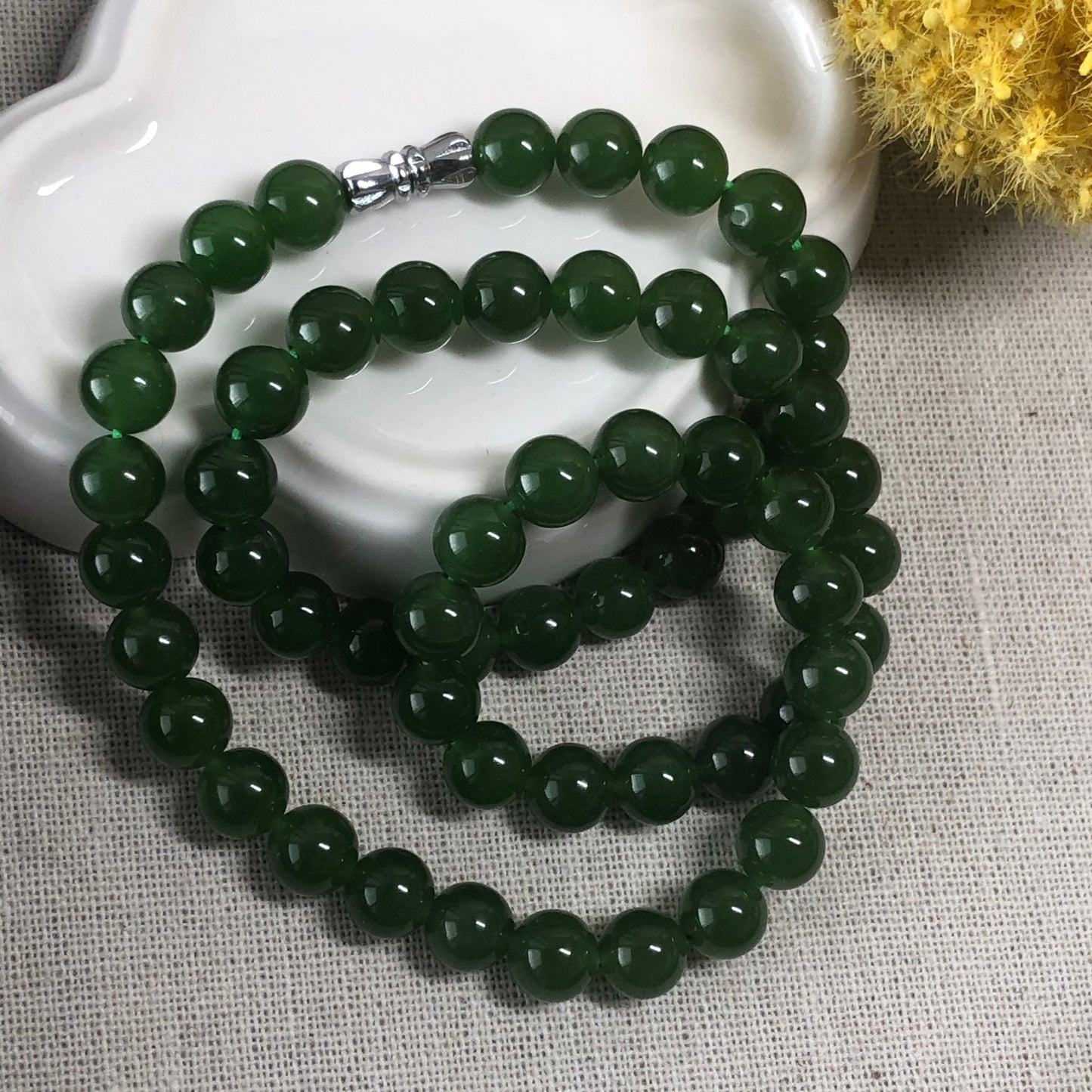 Reserved: 7.7mm Grade A Hetian Jade Nephrite Imperial Green Round Jadeite Jade Bracelet Necklace. 58pcs.